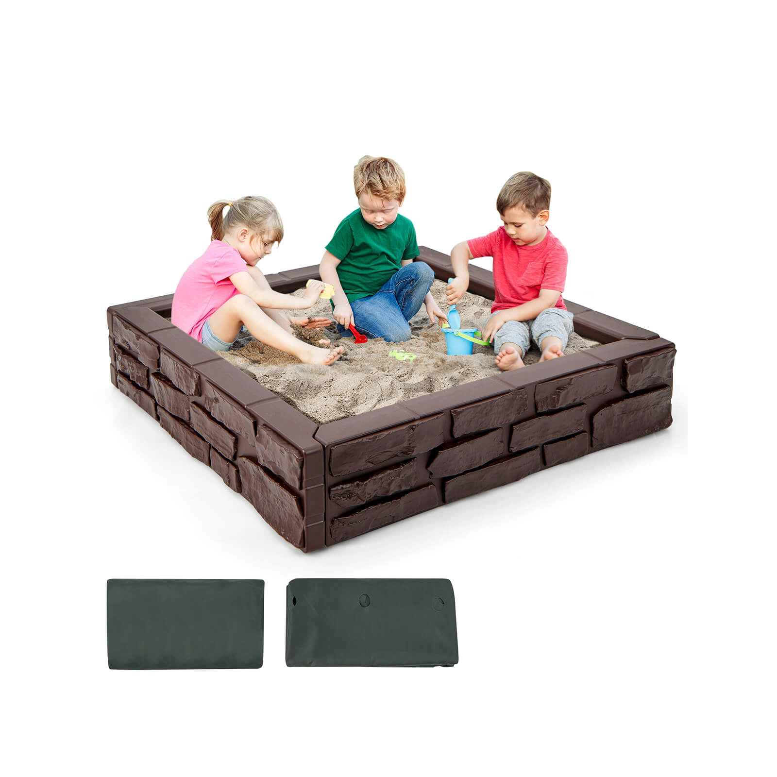 SUGIFT Brown Oxford Cover and Bottom Liner 2-in-1 HDPE Kids Sandbox