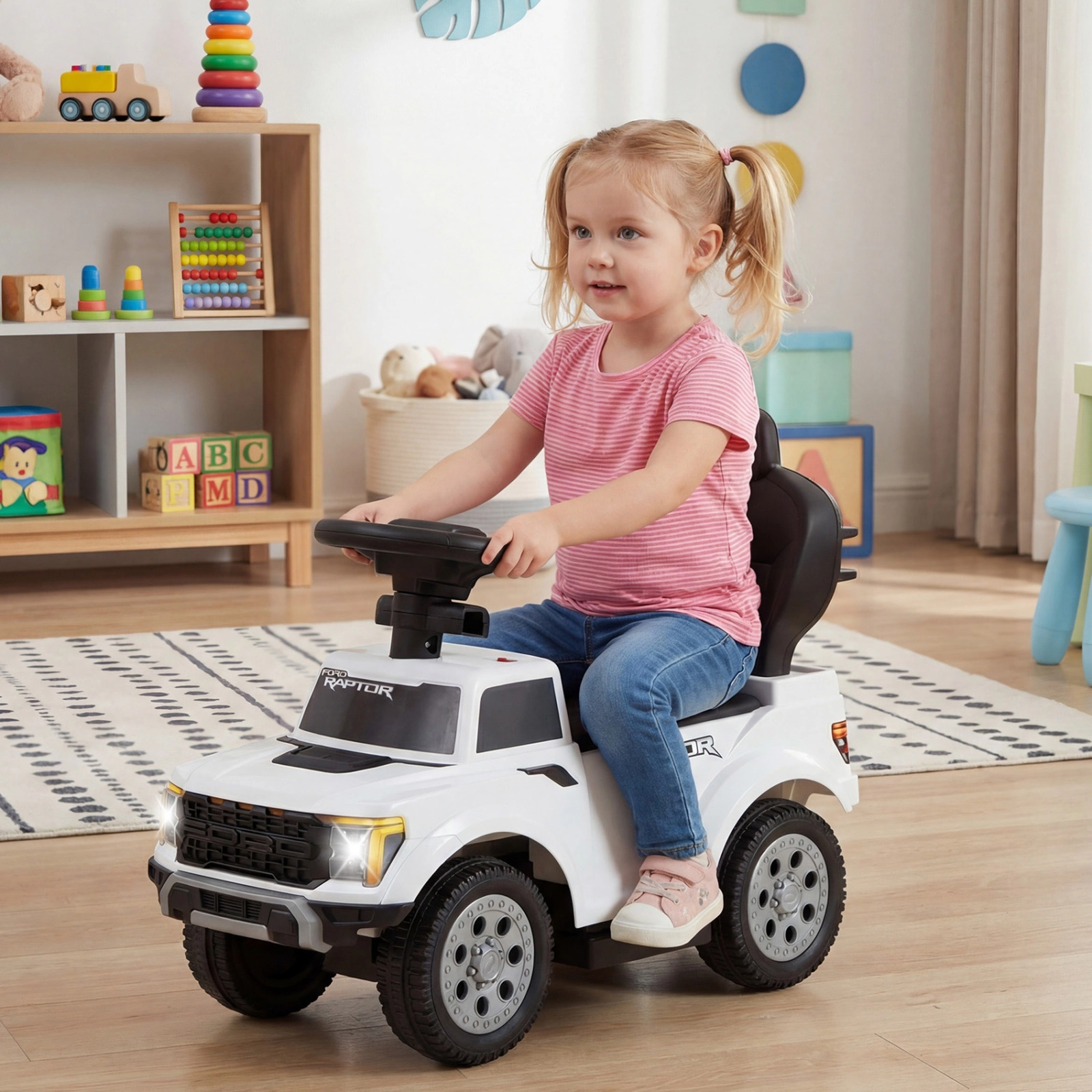 3-in-1 Toddler Push Car Handle LED Headlights Horn Sound Effects Retractable Footrests Under-Seat 18-36 Months White