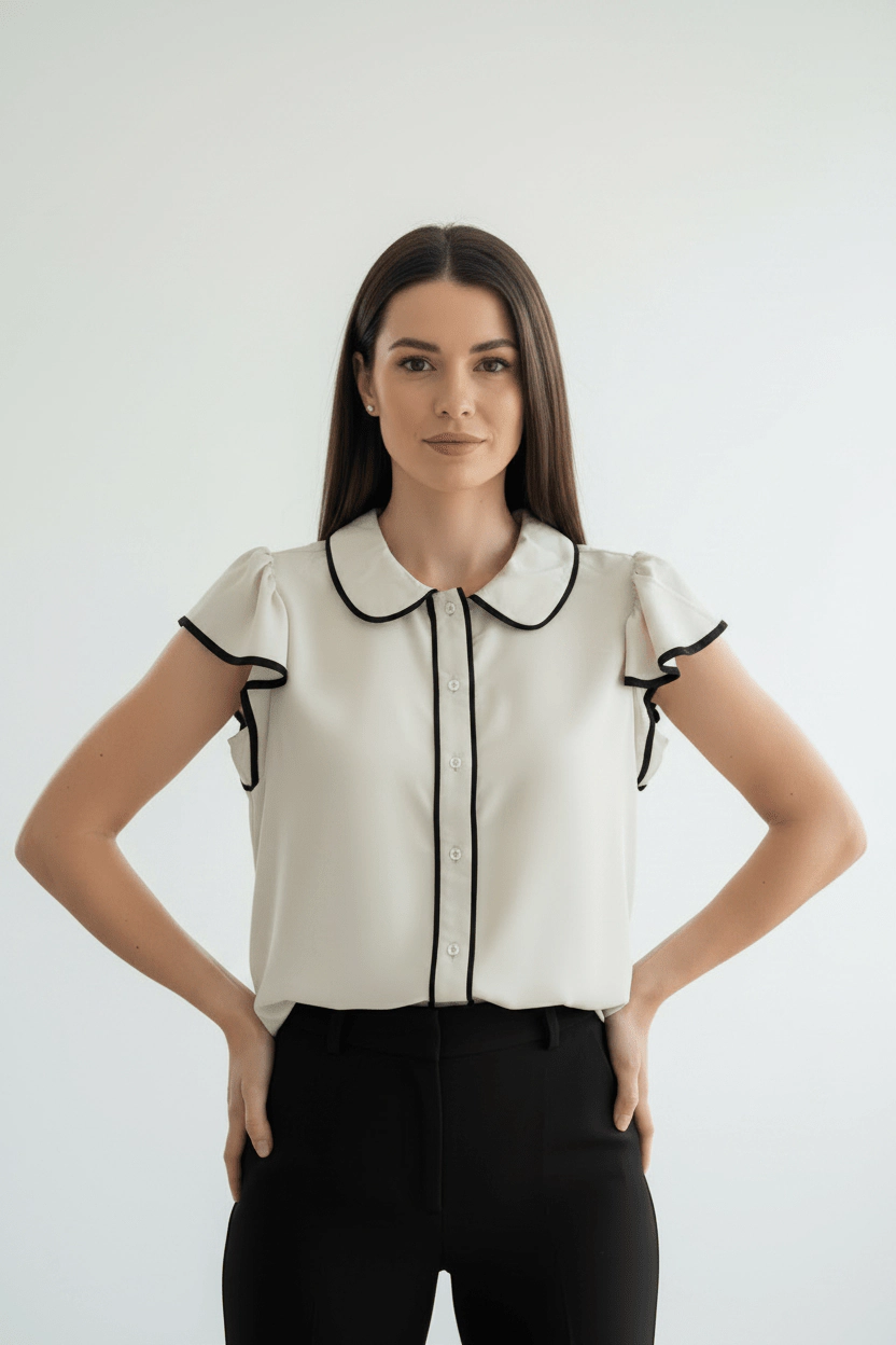 DressAtR Women's Two Tone Flutter Sleeve Collar Button Front Blouse