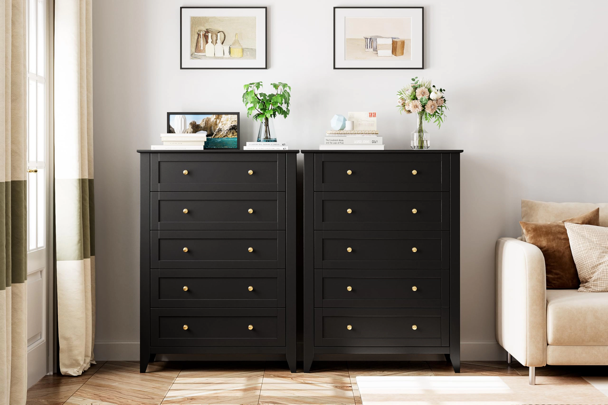 5 Drawer Tall Modern Dresser with Metal Knobs, Wooden Storage Chest for Bedroom Entryway Hallway