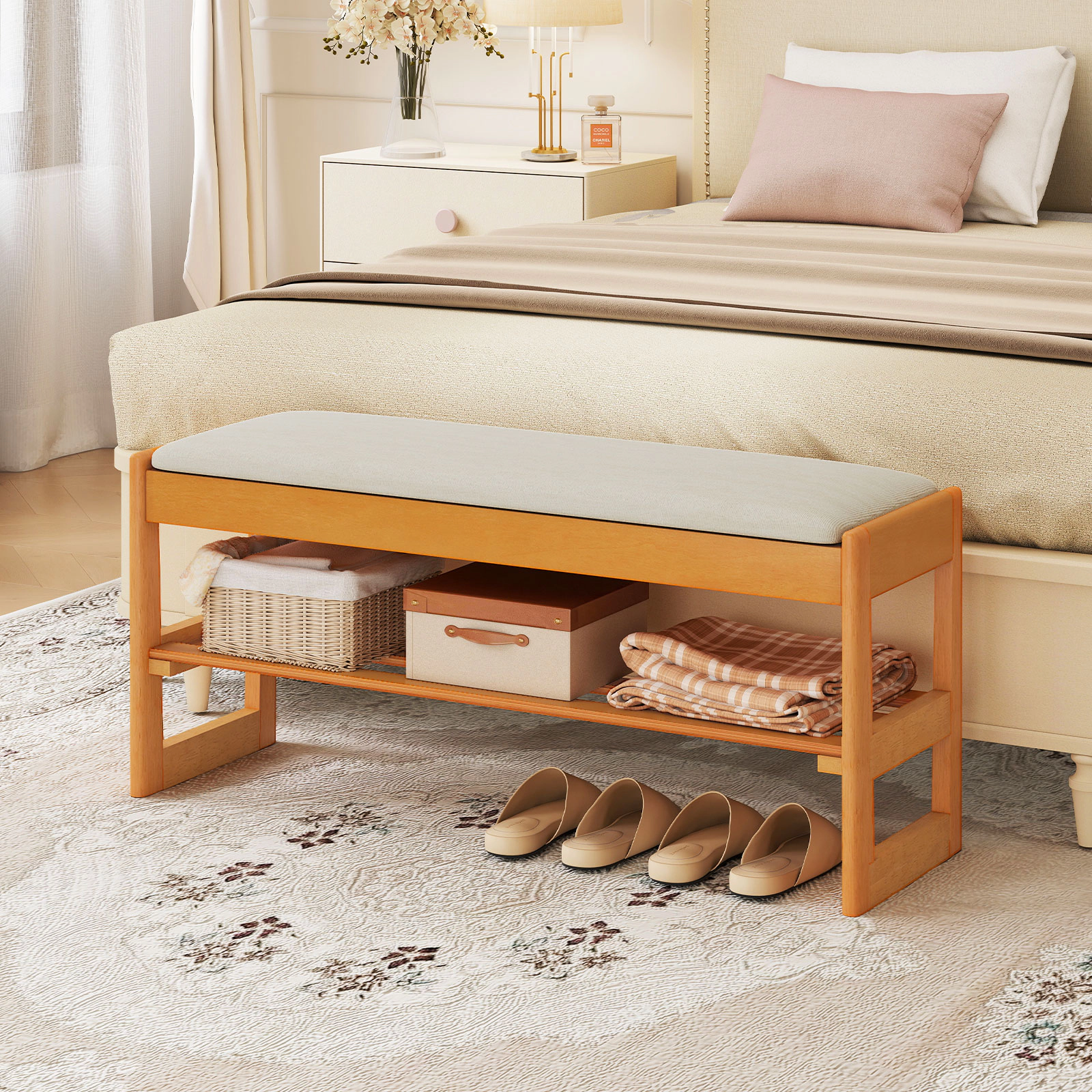 SUGIFT Beige 40-in Shoe Storage Bench with Flip-Open Hidden Compartment Padded Seat and Shoe Shelf