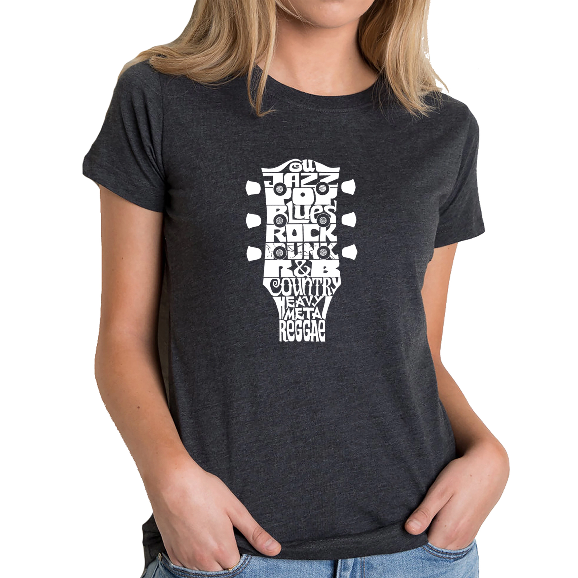 LA Pop Art Women's Cotton/Poly Blend Word T-Shirt - Guitar Head Music Genres