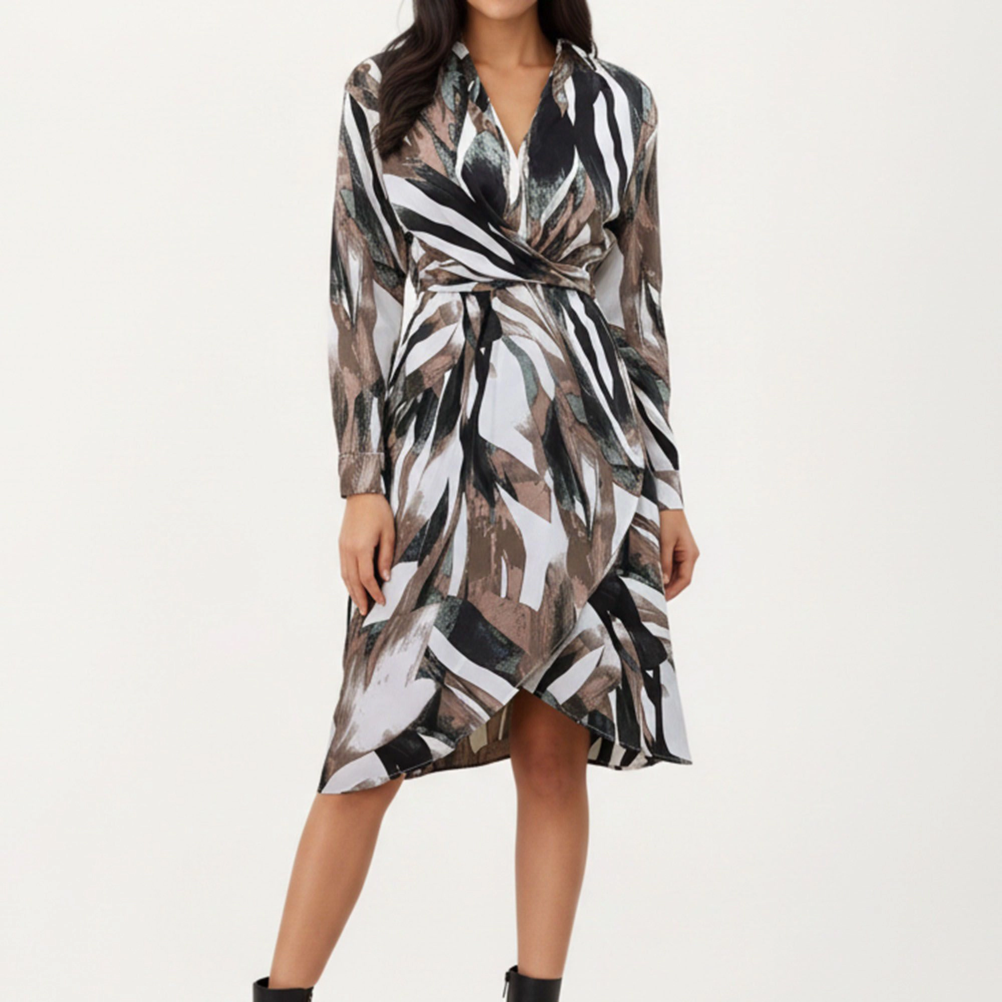 Anna-Kaci Women's Abstract Print Long Sleeve Belt Asymmetrical Hem Wrap Dress