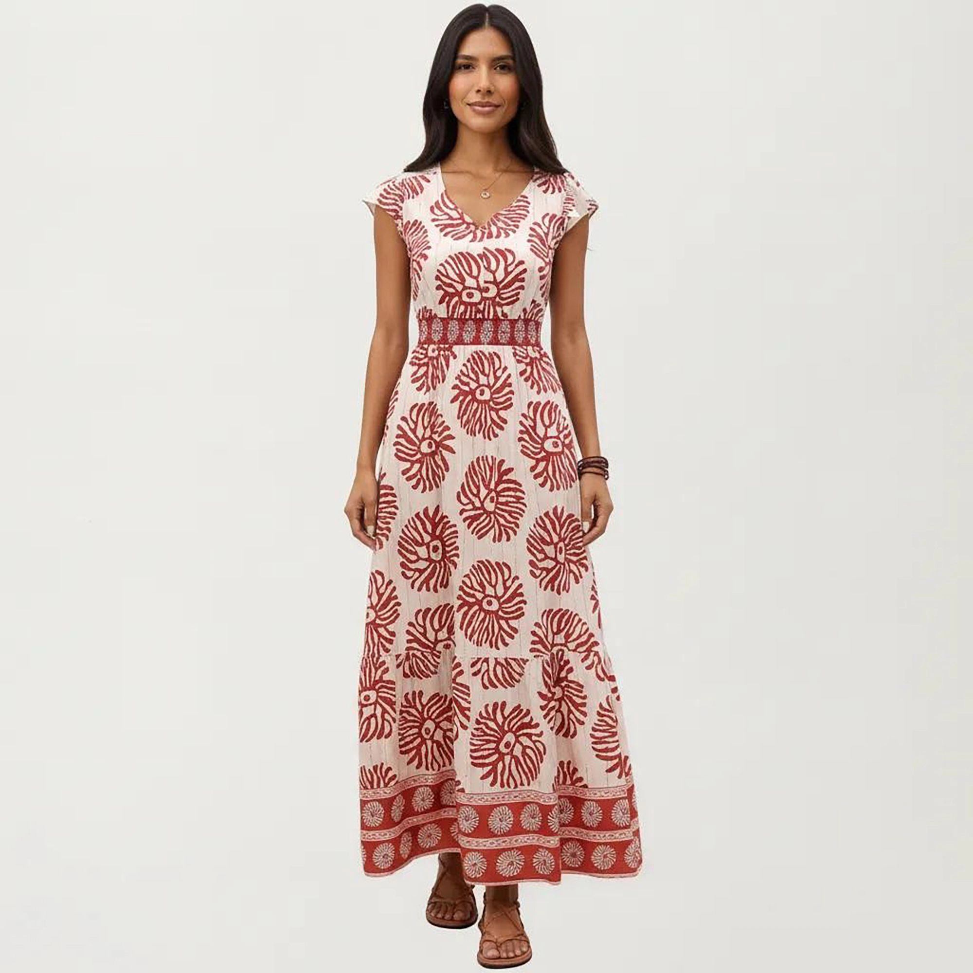 Anna-Kaci Women's Cap Sleeve V-Neck Smocked Waist Maxi Dress