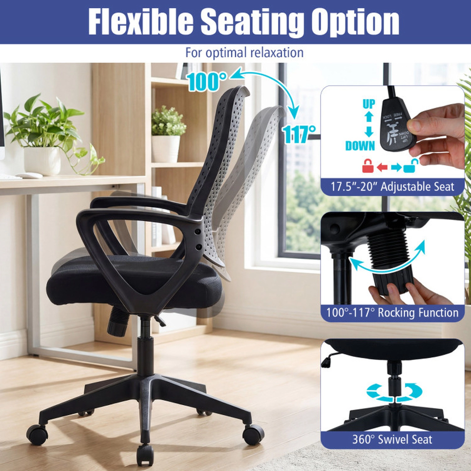 SUGIFT Breathable Butterfly Back Ergonomic Swivel Office Desk Chair 25-in x 24.5-in x 38-in 330-lb Capacity Black