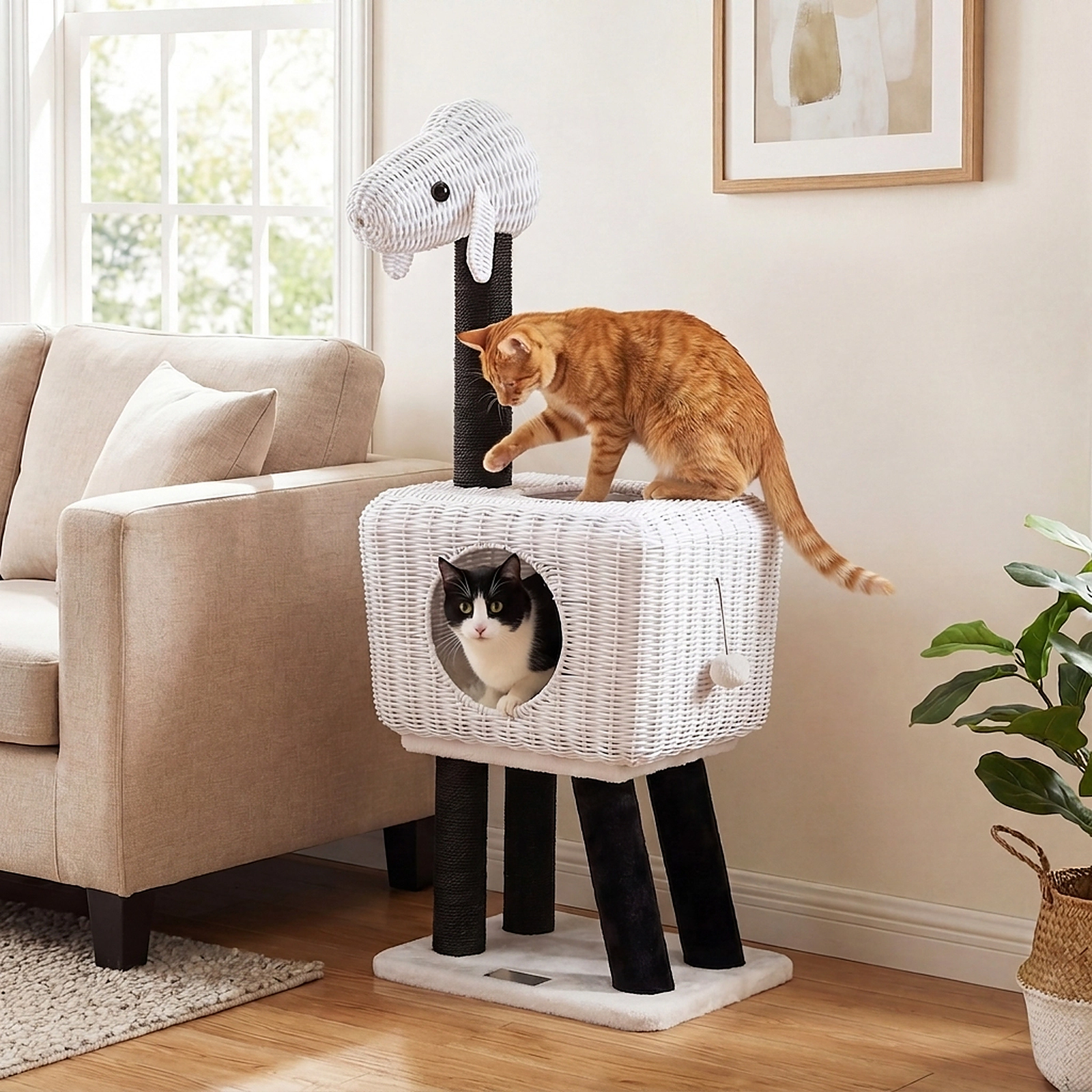 SUGIFT 43-in Lamb-Shaped Cat Tree Tower with 2-Door PE Rattan Condo Sisal Posts and 44-lb Rated Condo
