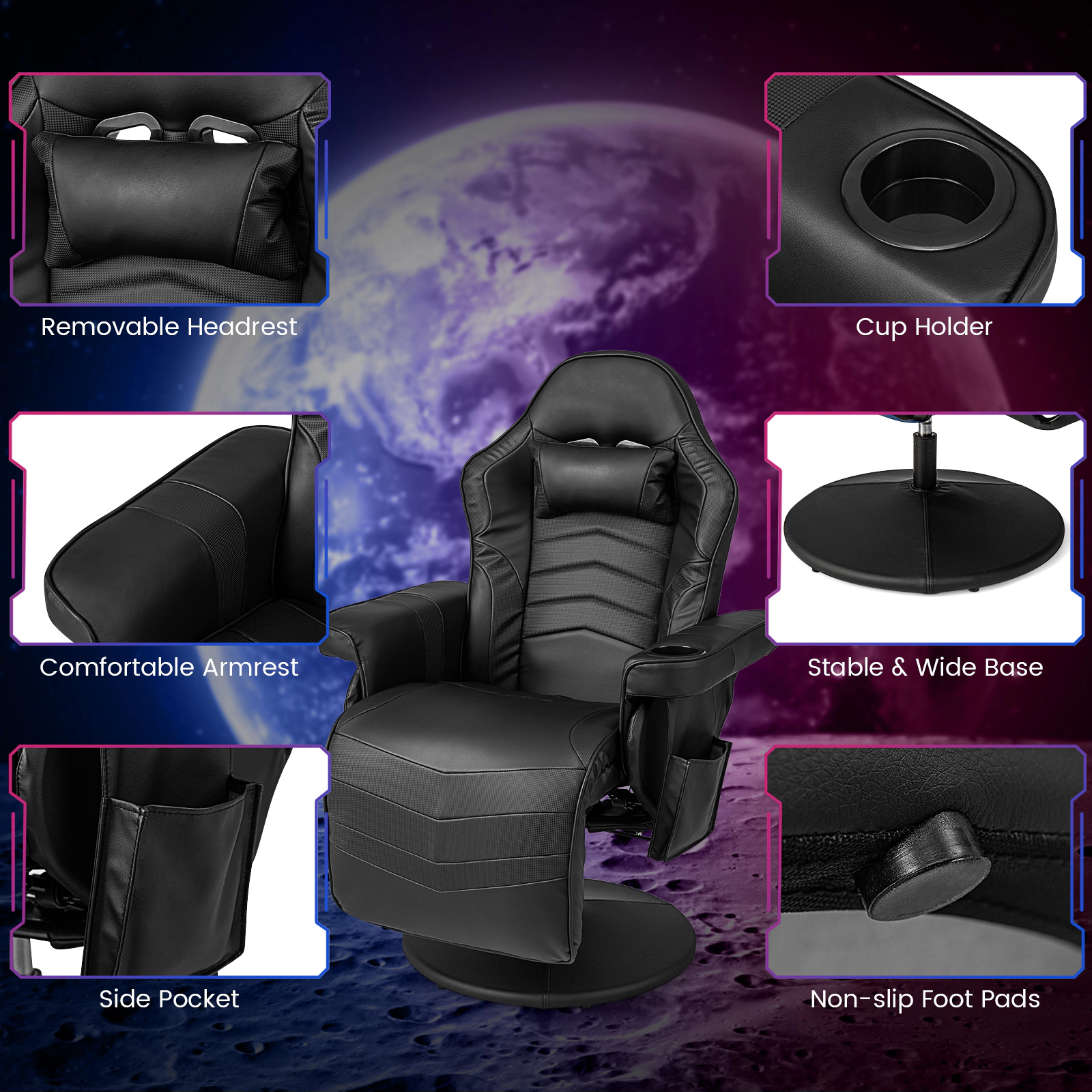 SUGIFT Massage Video Gaming Recliner Chair Adjustable Height 31.5-in Wide Seat 352-lb Capacity Massage Function Black