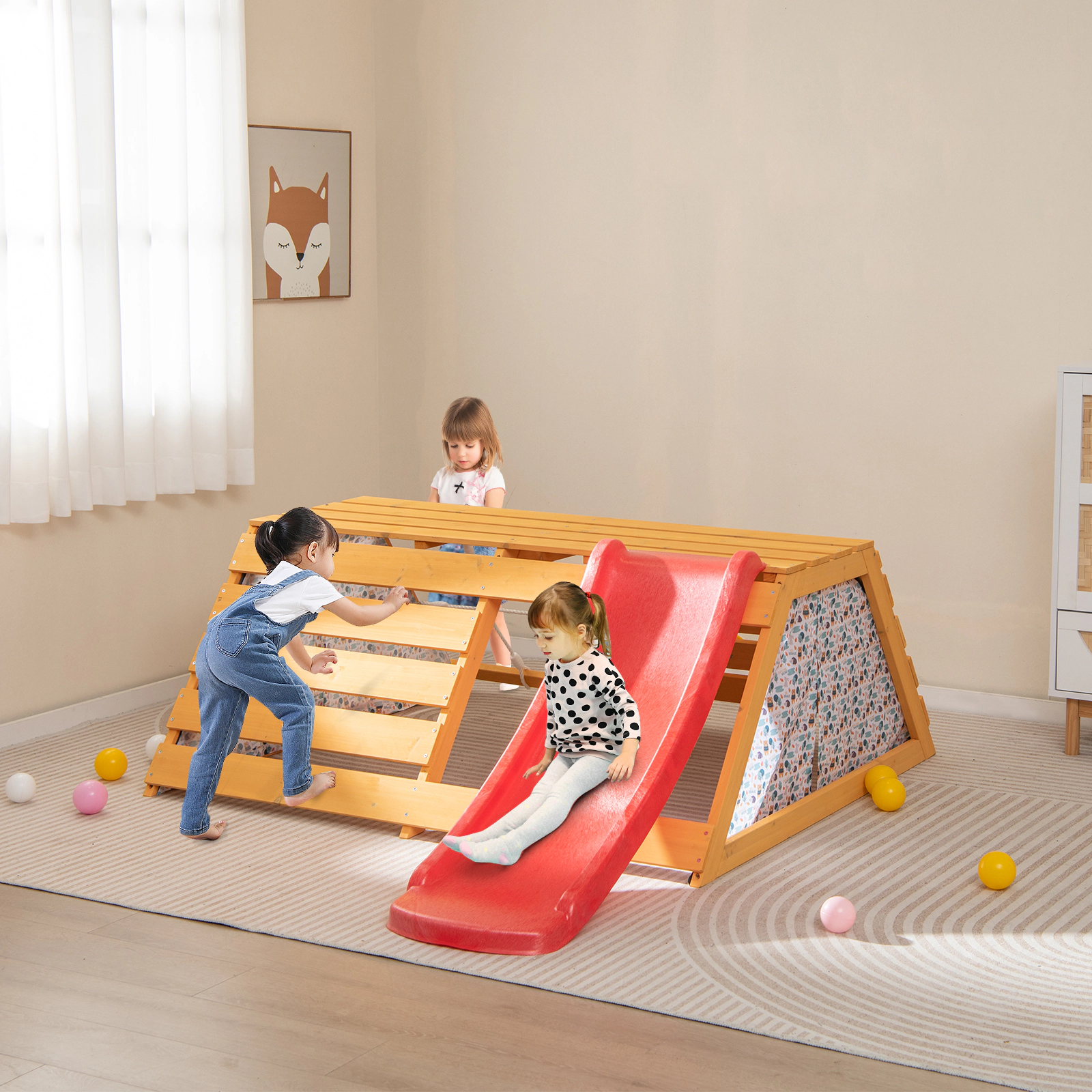 SUGIFT Natural Slide Rock Climbing Wall and Rope Climber 5-in-1 Kids Wooden Indoor Jungle Gym