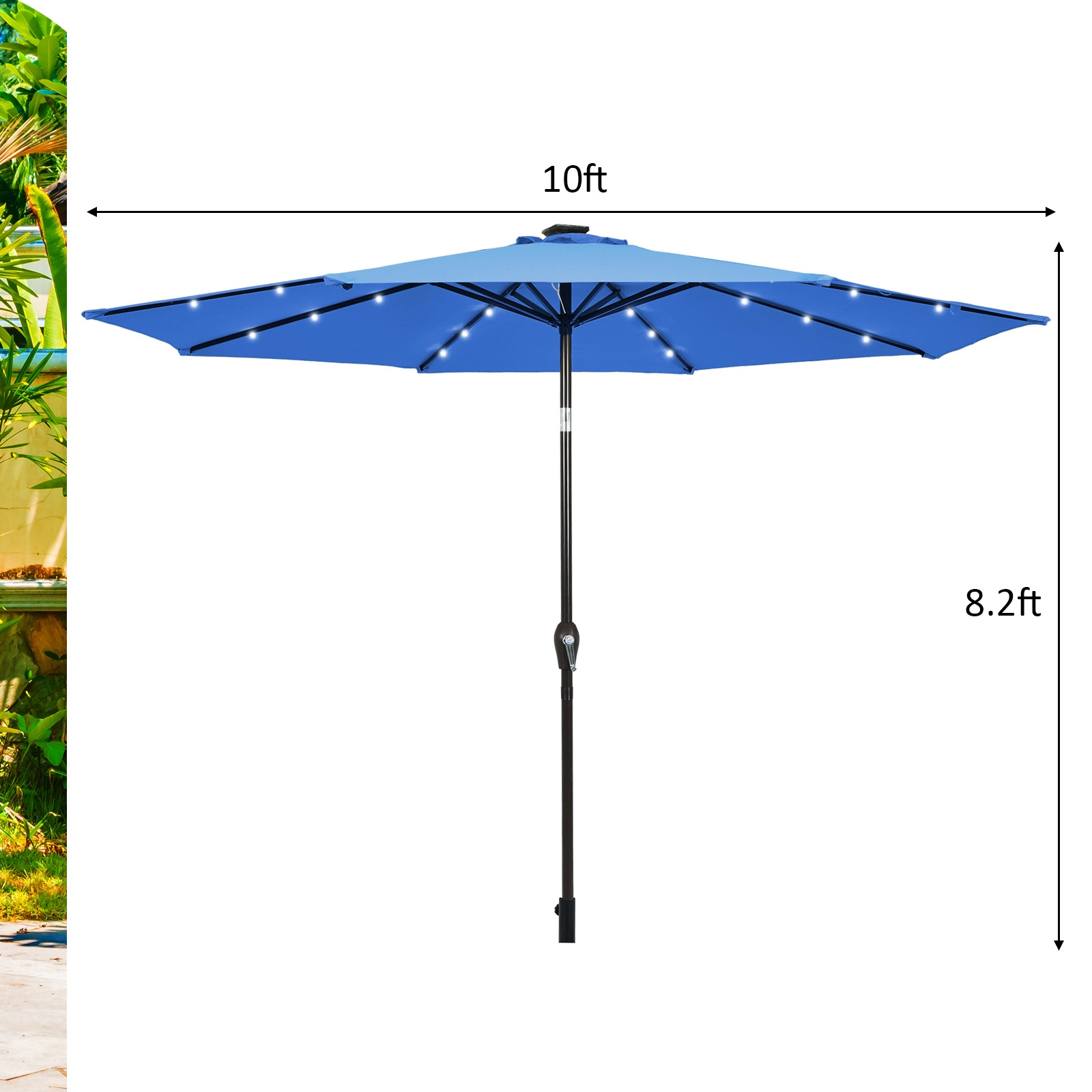 SUGIFT Blue Solar Patio Market Umbrella with Crank Lift Tilt Adjustment and 24 LED Lights 10-ft Dia 8.2-ft H