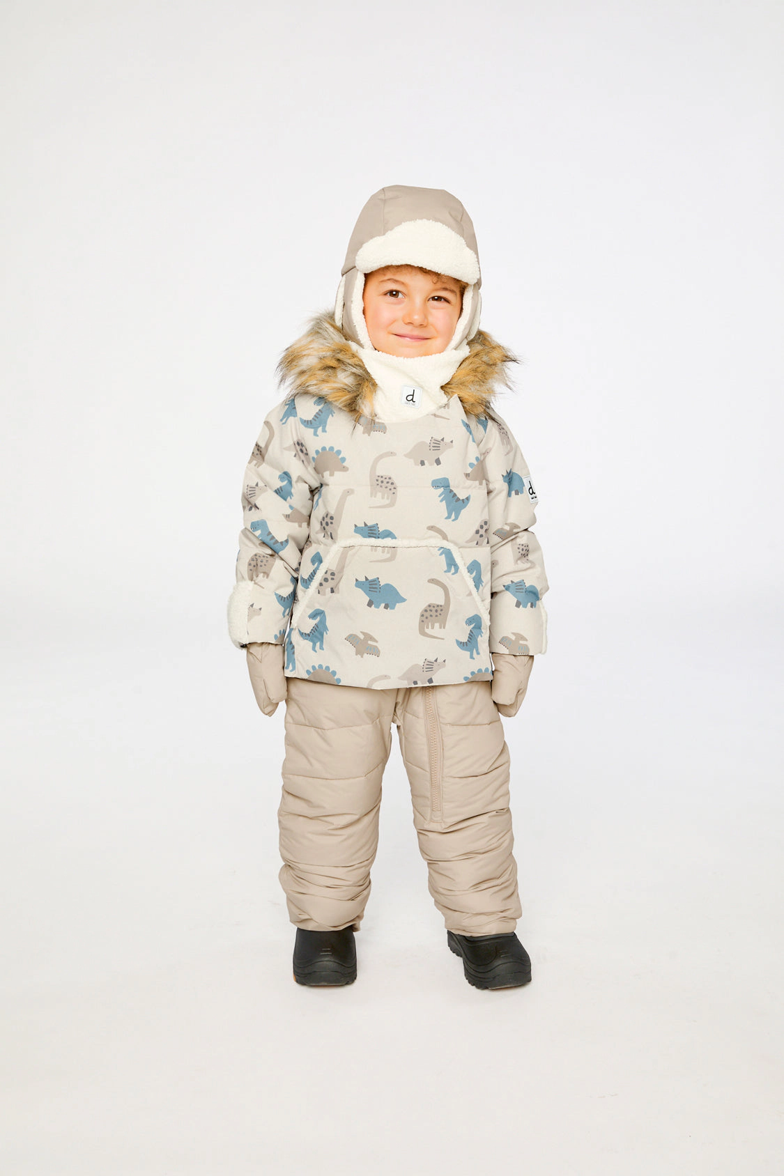 Deux par Boys Snug Dinosaur Print One Piece Snowsuit Adapted for Car Seats with Faux Fur-Trimmed Hood