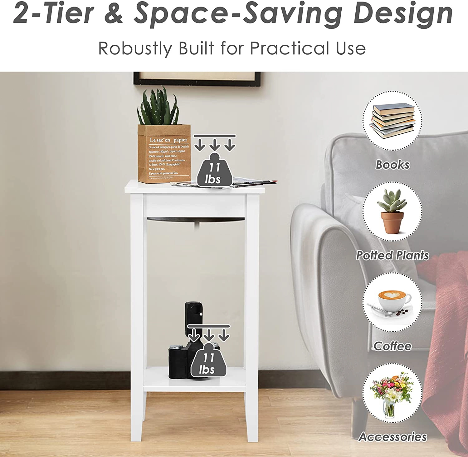 SUGIFT Set of 2 White 29-Inch 2-Tier End Tables with Storage Shelves