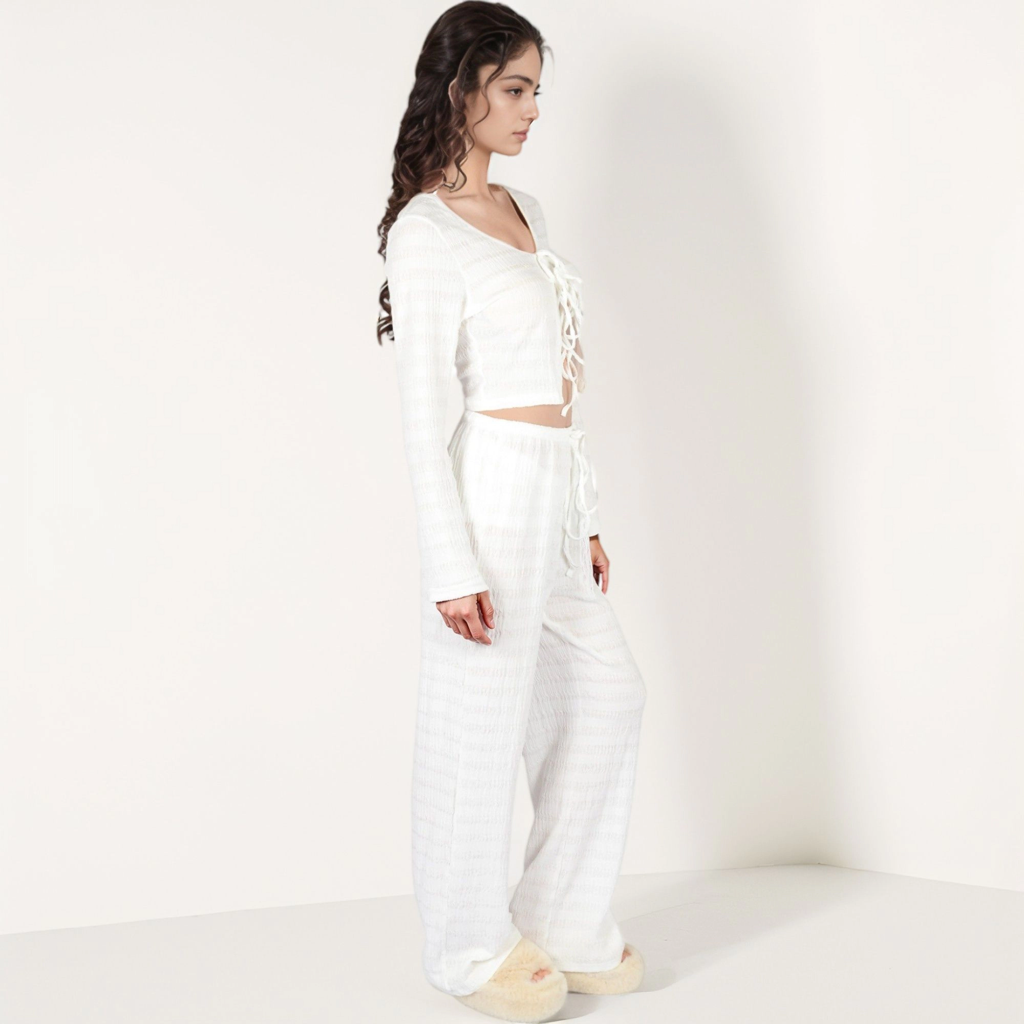Anna-Kaci Women's Long Sleeve Waffle Knit Sleepwear Set with Front Tie Crop Top and Drawstring Lounge Pants