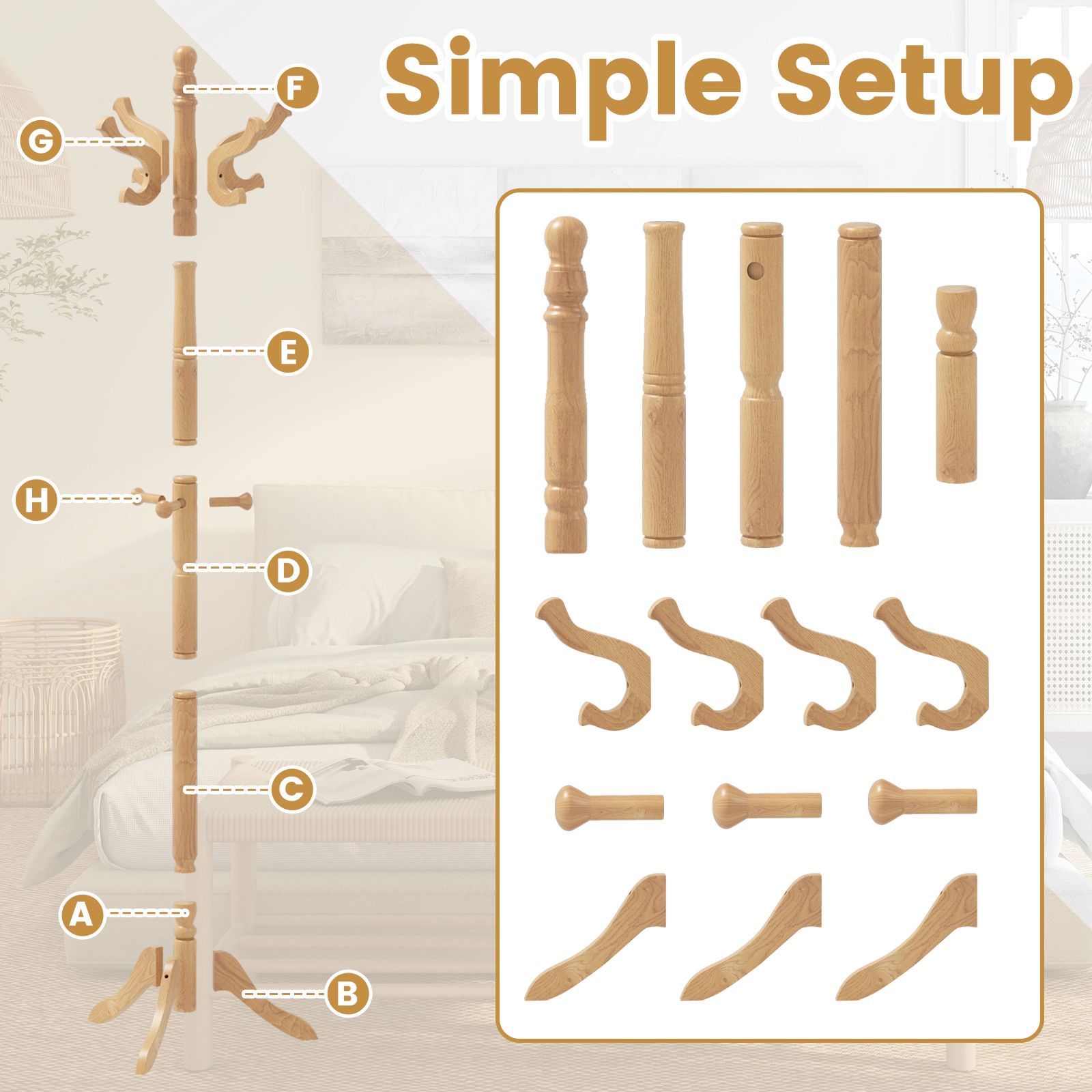 SUGIFT Solid Wood Hall Tree 11 Hooks & 3 Height Options Coat Rack 11-lb Capacity Per Hook 72-in Tall Natural Rubber Wood