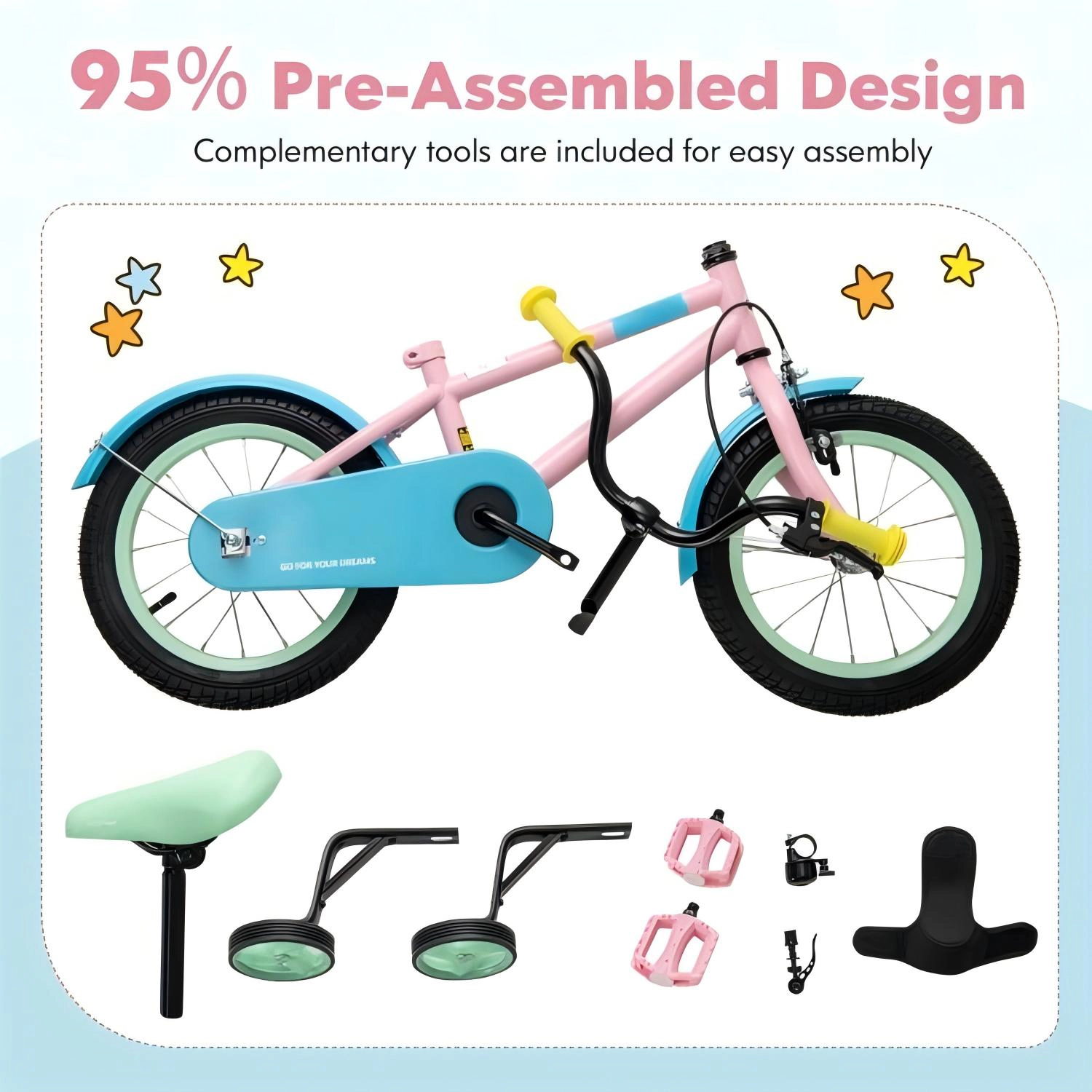 SUGIFT Adjustable Handlebar and Saddle Kids Bike 145-lb Capacity Ages 3-5 Years Pink Blue Green Yellow
