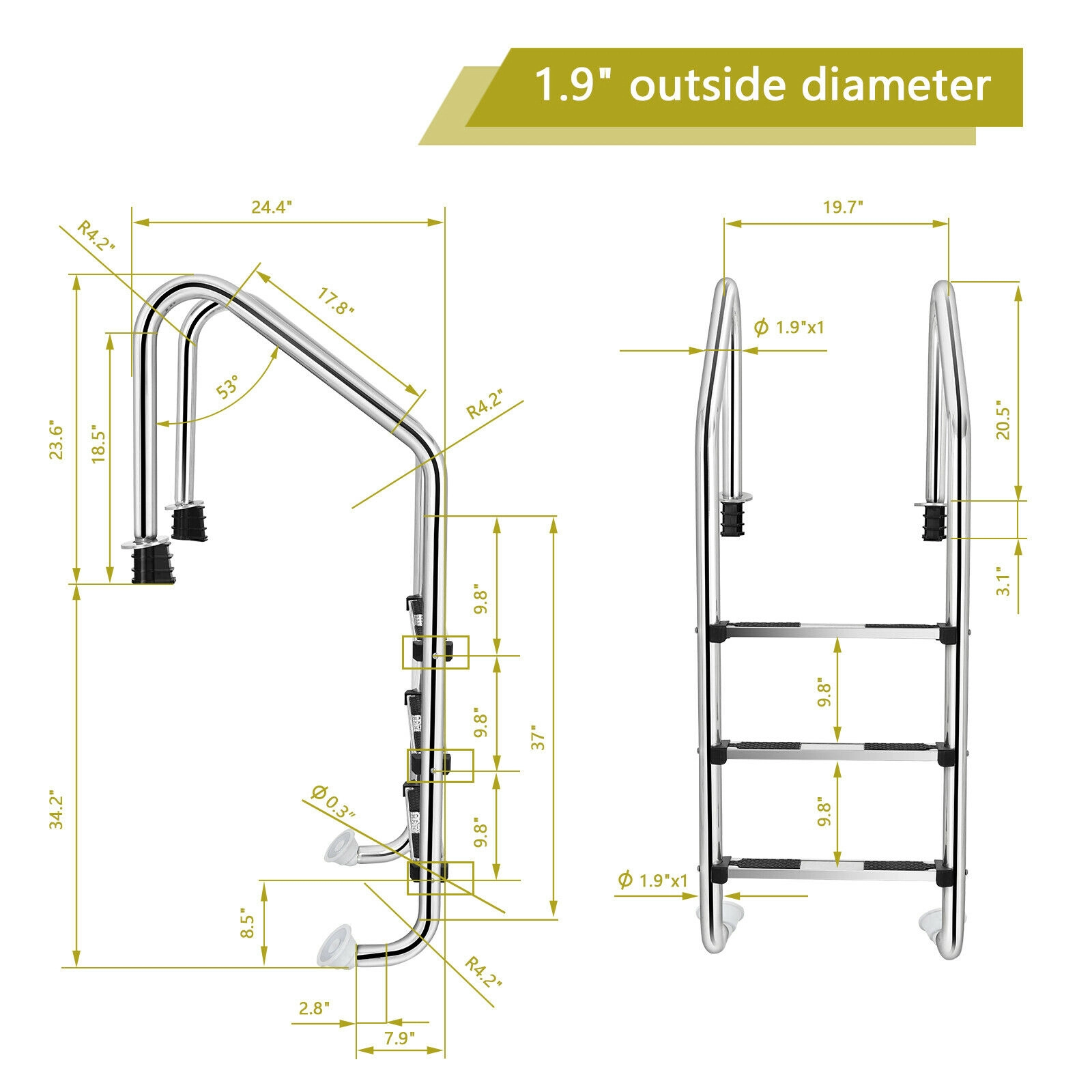 SUGIFT 3-Step Swimming Pool Ladder 265-lb Capacity Silver with Anti-Slip Steps and Curved Handrails