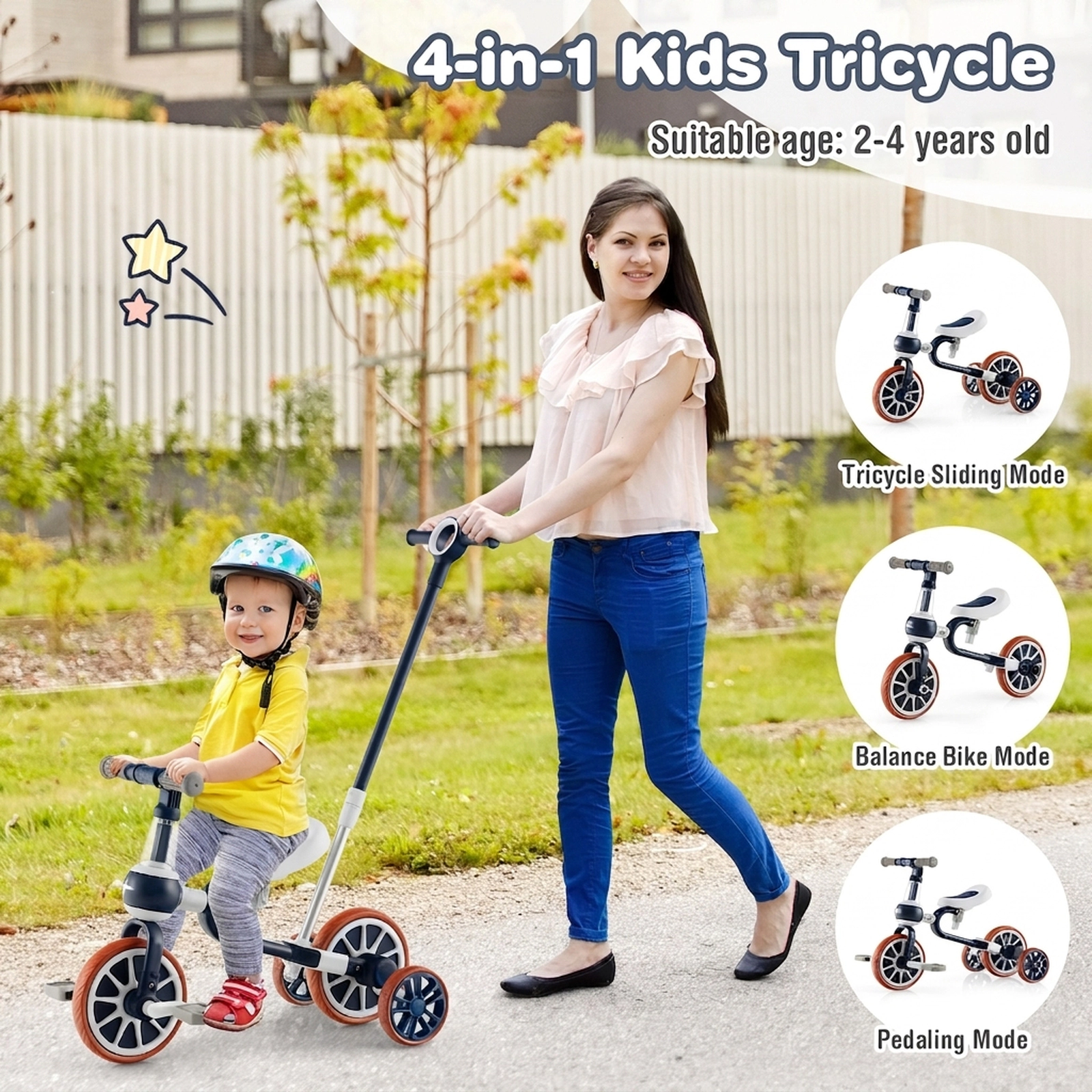 4-in-1 Kids Trike Adjustable Parent Push Handle Detachable Pedals Training Wheels Toddler Balance Bike Ages 2-4 Navy