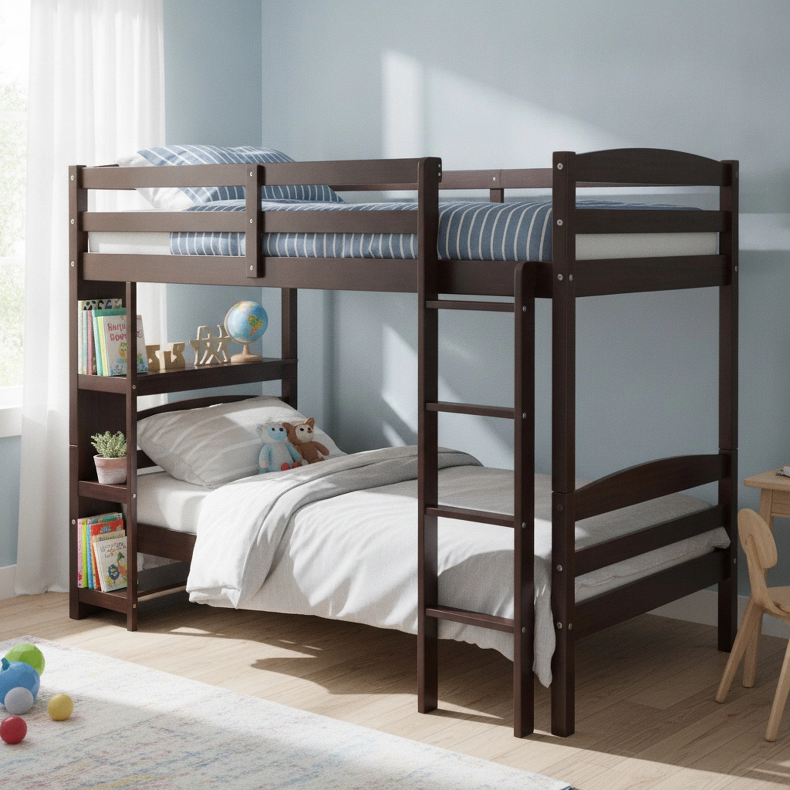 SUGIFT Twin-Over-Twin Bunk Bed with 4-Tier Bookcase, Dark Brown Wood
