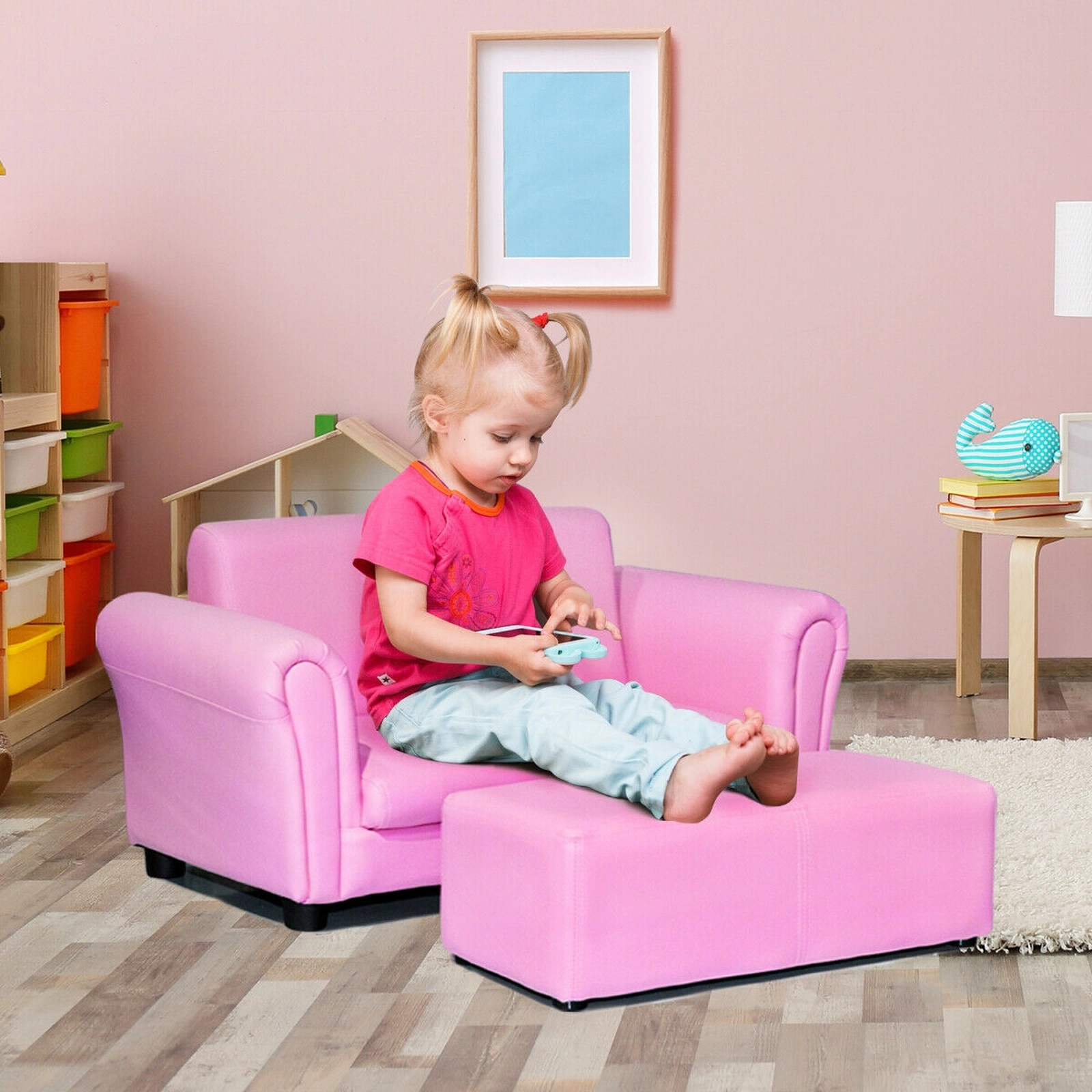 SUGIFT Kids Double Sofa Pink with Matching Ottoman and Wood Frame