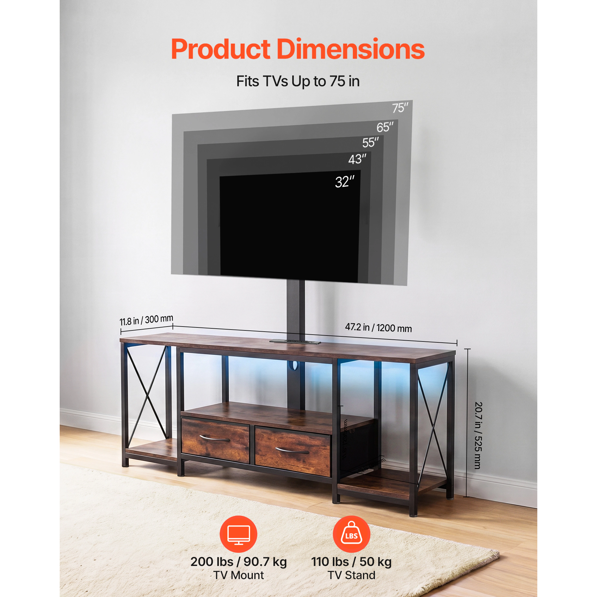 HONGGE TV Stand Console with Power Outlet for 32-75 Inch TVs, Height Adjustable Entertainment Center with Storage
