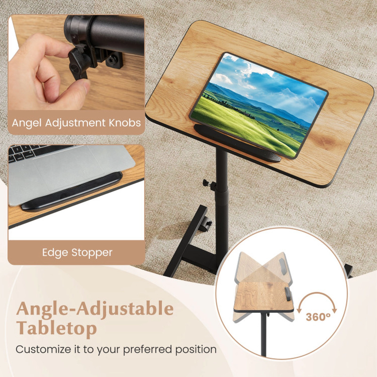 SUGIFT Adjustable Overbed Rolling Lap Desk Food Tray Table 33-lb Capacity Brown + Black/Gray + Black/Walnut
