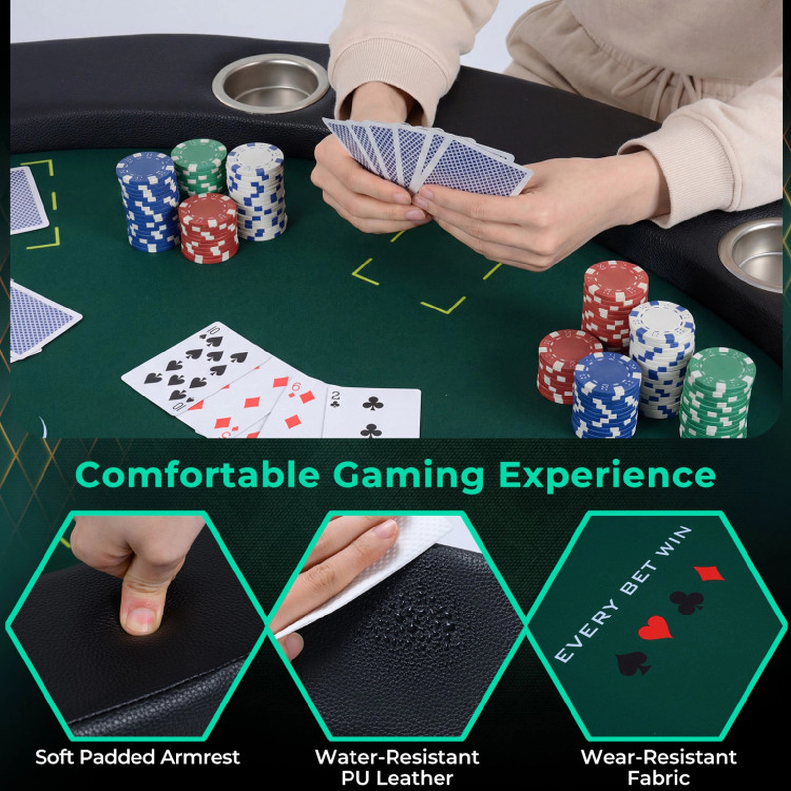 SUGIFT Green Round Foldable Poker Table with 8 Cup Holders and Padded Edges 48-in Dia 30-in H 220-lb Top Capacity