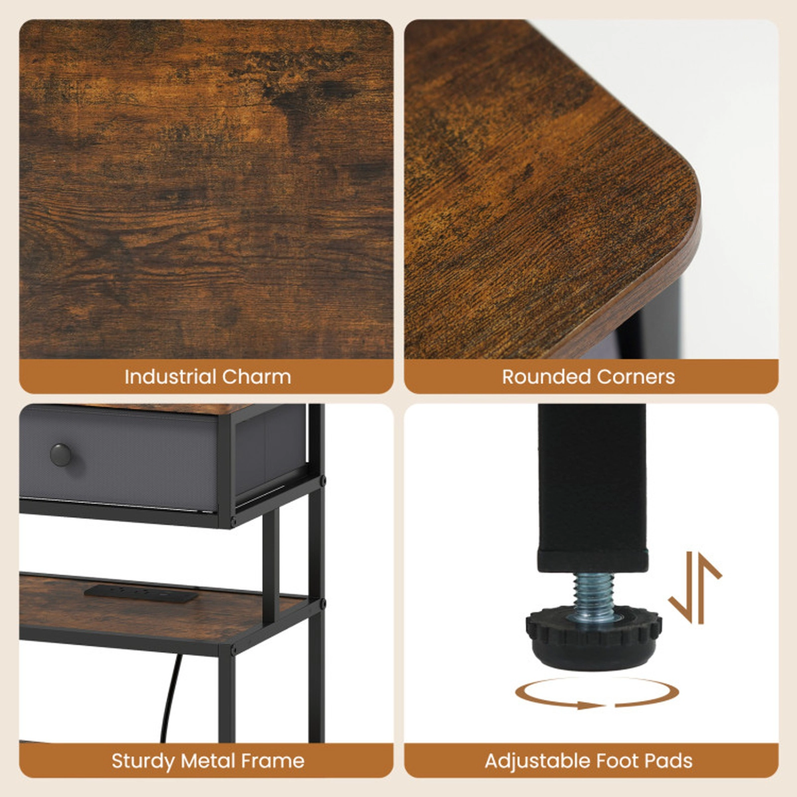 SUGIFT Charging Nightstand with Fabric Drawer and Open Shelves 16-in W 12-in D 28-in H in Rustic Brown