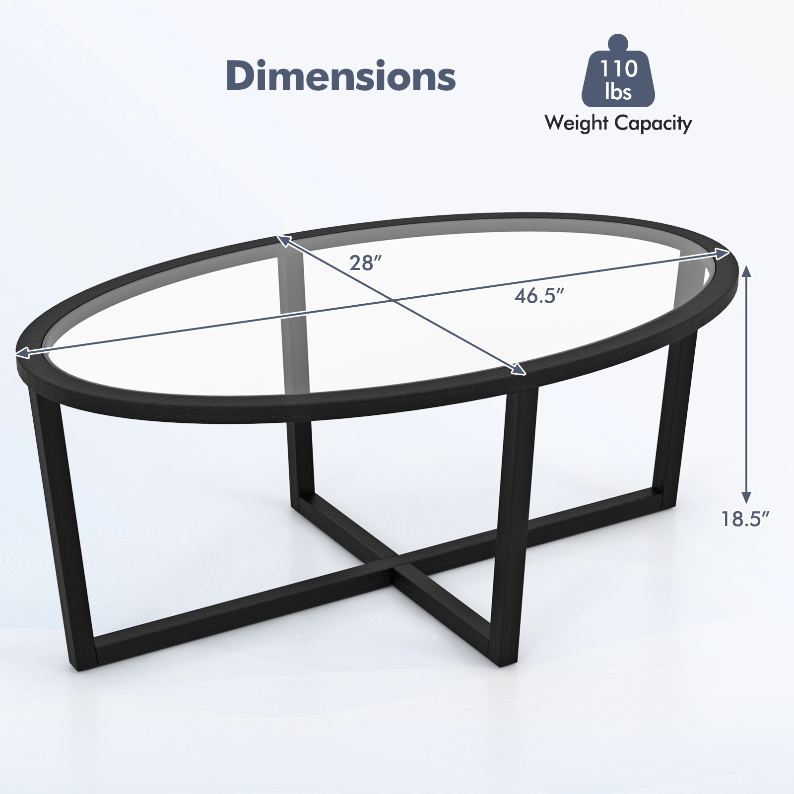 SUGIFT 46.5-in Oval 110-lb Capacity Black Glass Coffee Table with Cross Base and Acacia Wood Legs