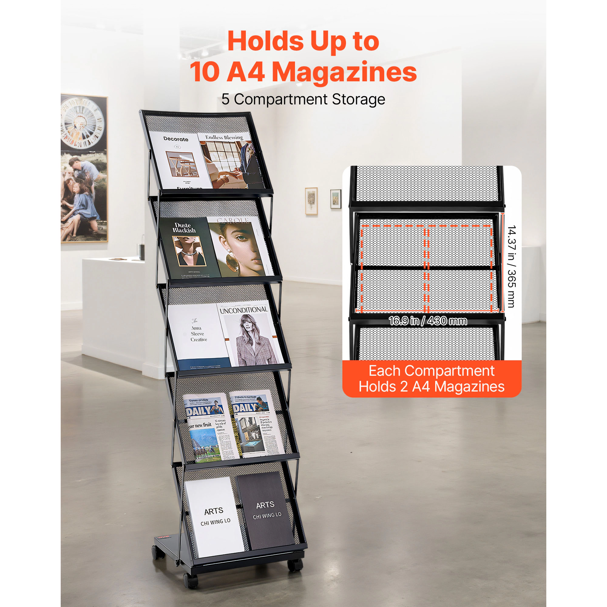 HONGGE Brochure Display Rack, Magazine Literature Stand, Movable Floor Standing Rack with Wheels