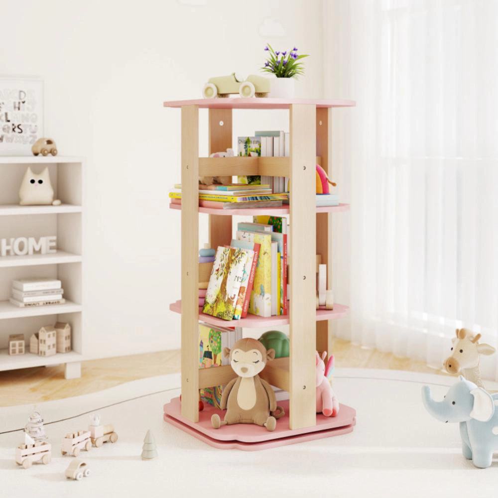 Hivvago 3-Tier Freestanding Corner Toddler Book Rack with 12 Sectors-Pink