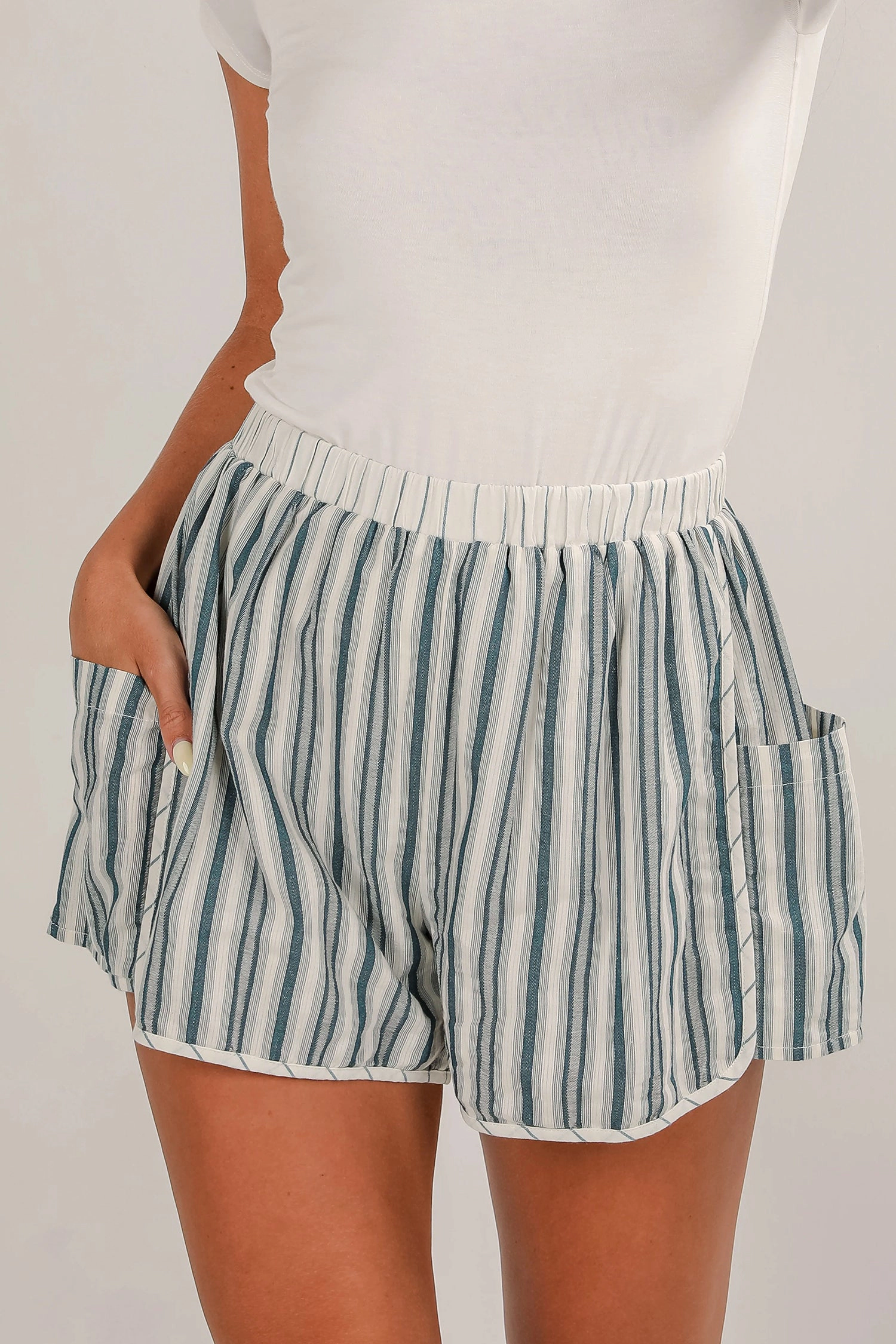 Threaded Pear Alice Cargo Casual Shorts - 100% Cotton, Mid-Rise Pull-On, Gray Stripe