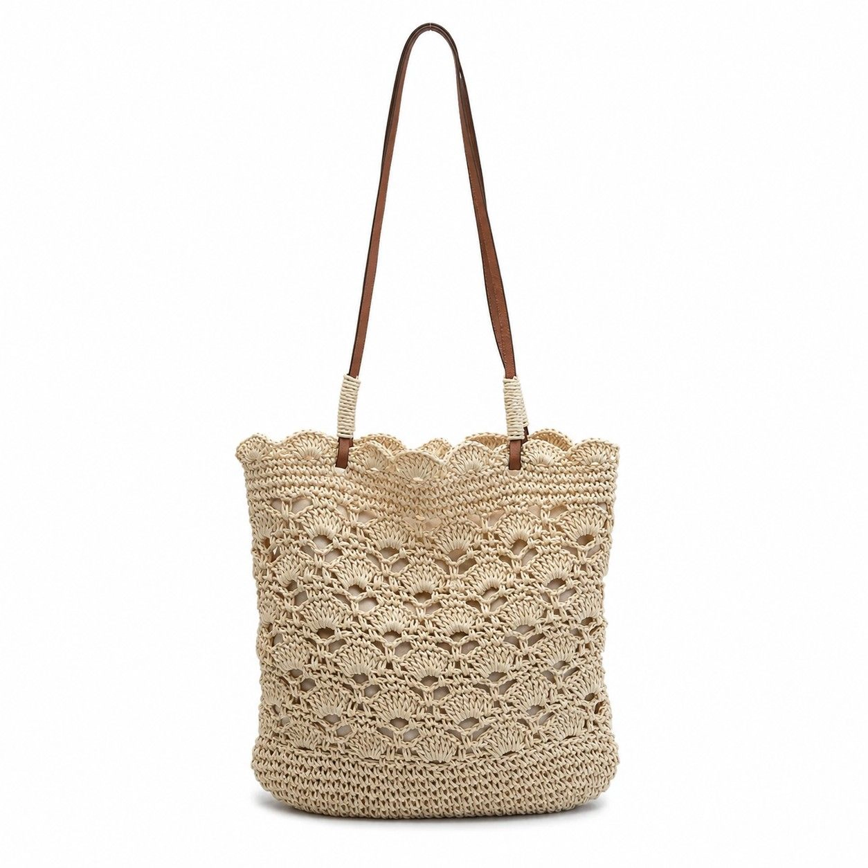 Alilang Women's Crochet Woven Shoulder Bag with Zip Closure and Scalloped Bucket Shape, Khaki