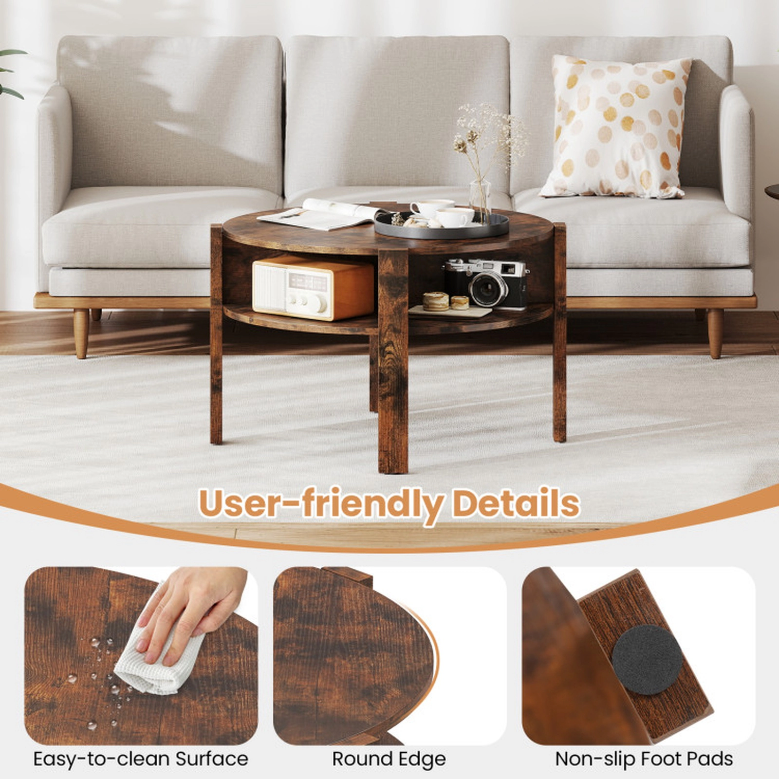 SUGIFT Round 27.5-in Top Side Storage Shelves Wood Coffee Table 29.5-in x 18-in 135-lb Capacity Rustic Brown