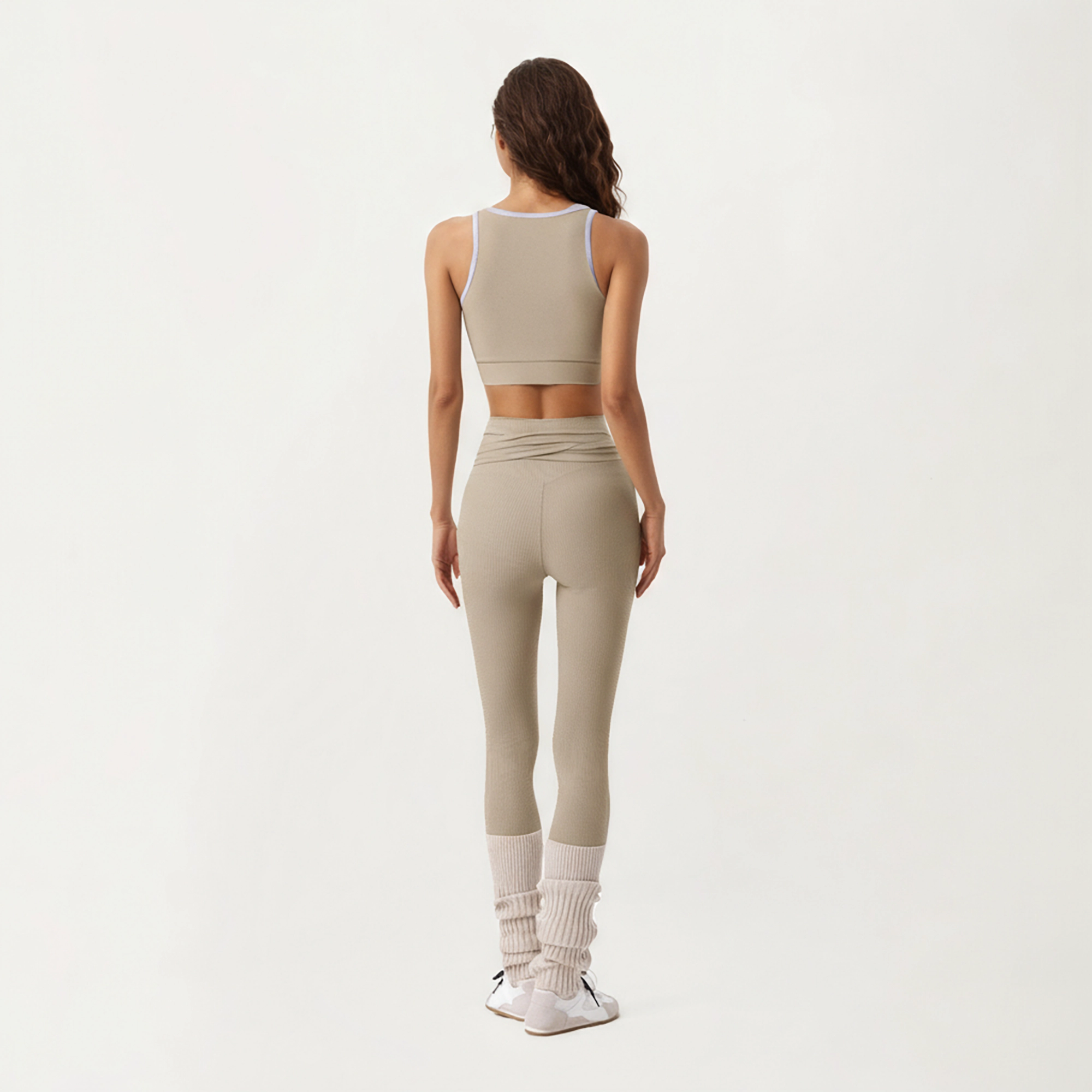 Anna-Kaci Active Women's Ribbed Knit High Waist Leggings with Wrap Tie Waistband and Contrast Cuffed Hem