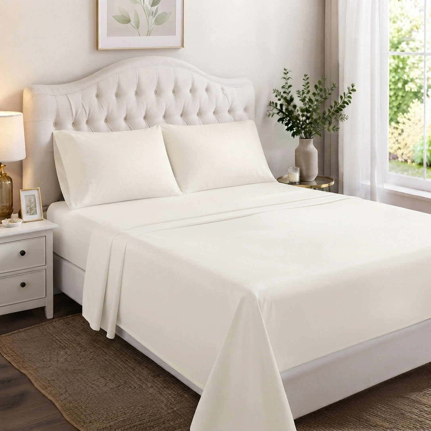RT Designers Collection 300 TC 100% Organic Cotton Lightweight 3 Piece Solid Sheet Set Twin Ivory