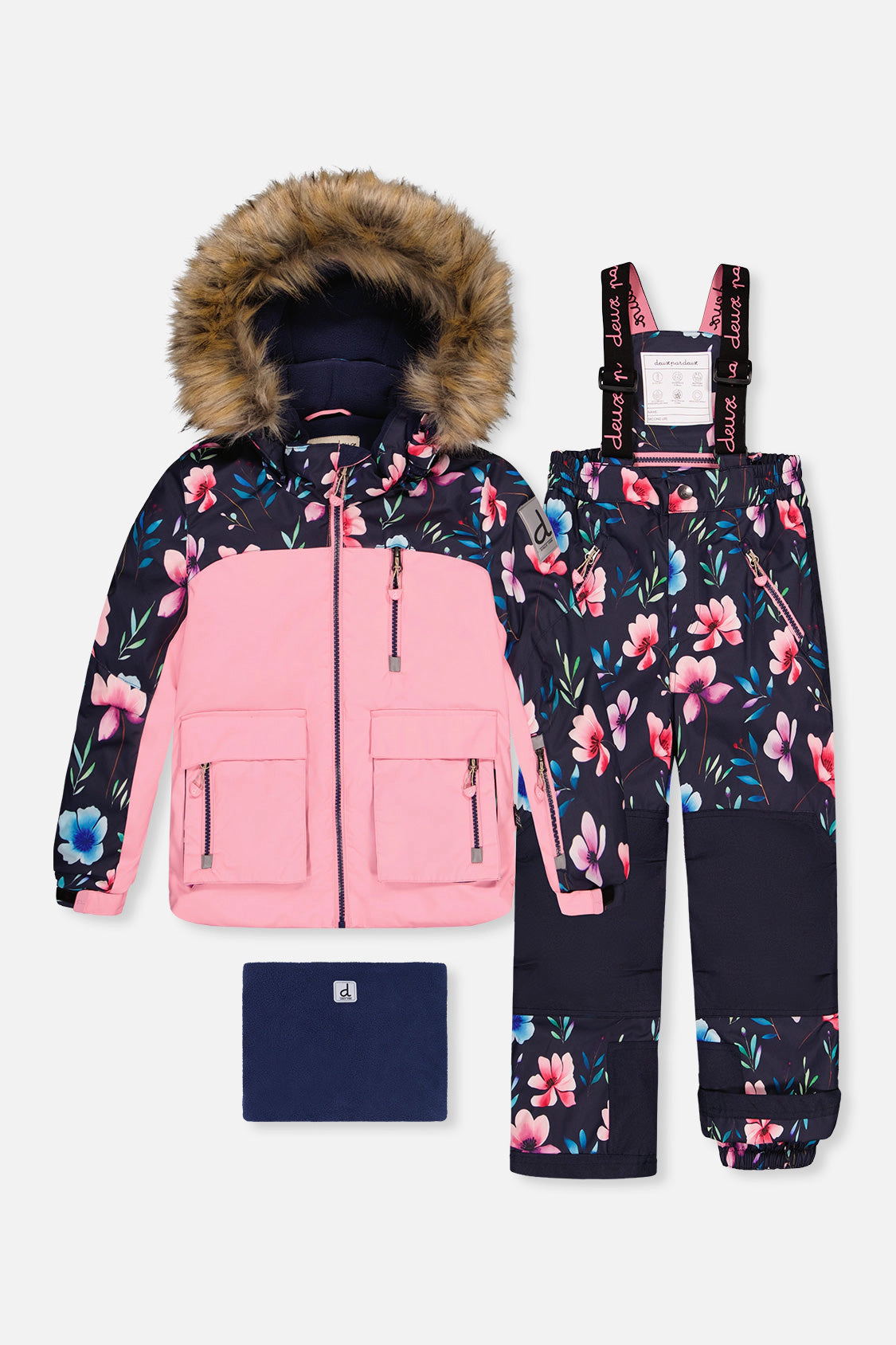 Deux par Girls Floral Print Colorblock Two Piece Play Snowsuit with Hooded Jacket and Snow Pants