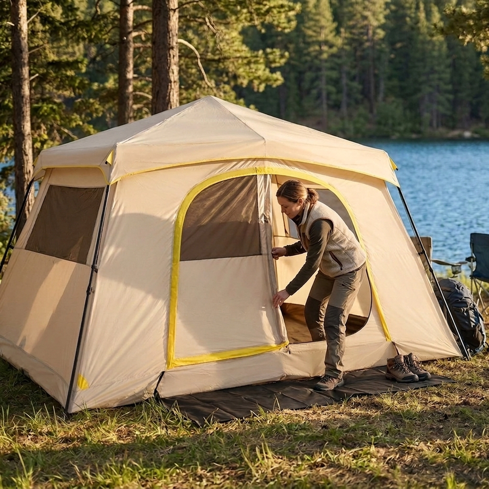 SUGIFT 10-Person Coffee 60-Second Instant Cabin Camping Tent with Removable Rainfly 13-ft W 9-ft D 6.6-ft H