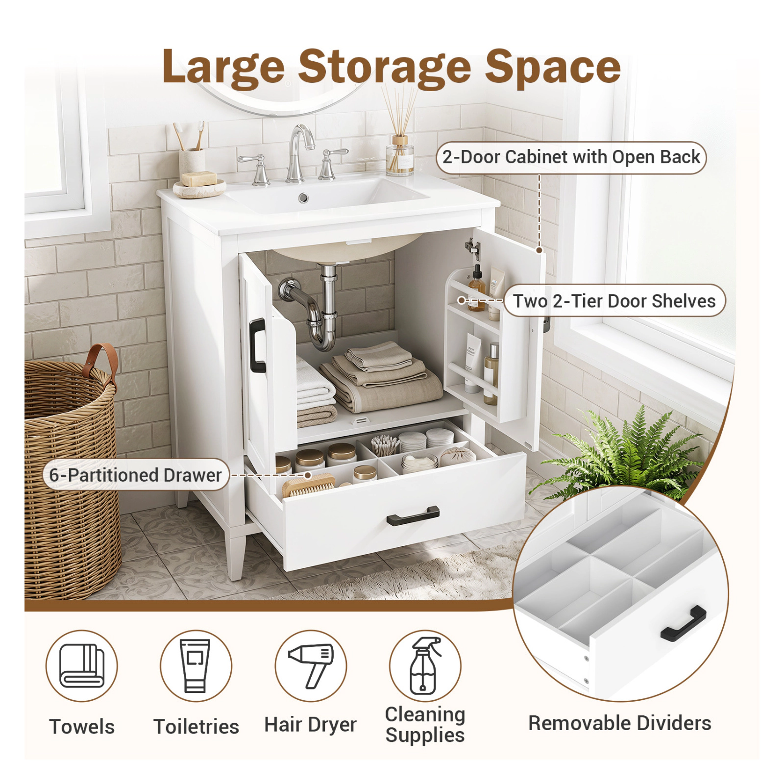 Glintex 24.5-Inch Vanity with Ceramic Sink Door Shelves and Divided Drawer, White