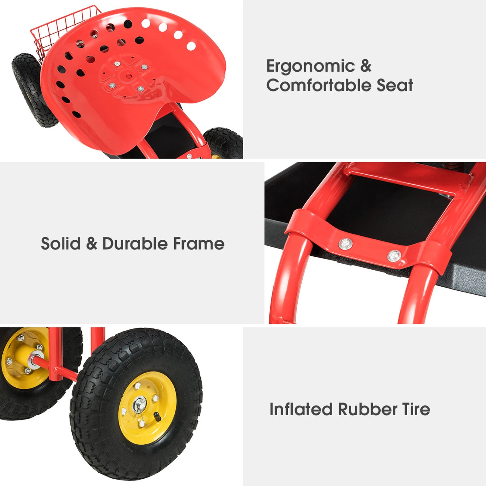 SUGIFT Rolling Garden Work Seat Cart with Adjustable 360-Degree Seat 330-lb Capacity with Tool Tray and Basket Red