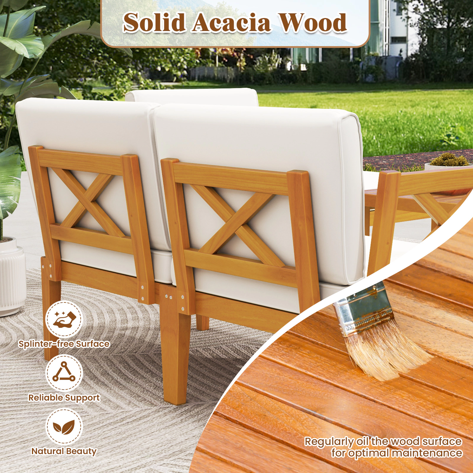 SUGIFT 2-Tier Coffee Table and Ottoman 5-Piece White Acacia Wood Patio Sectional Set