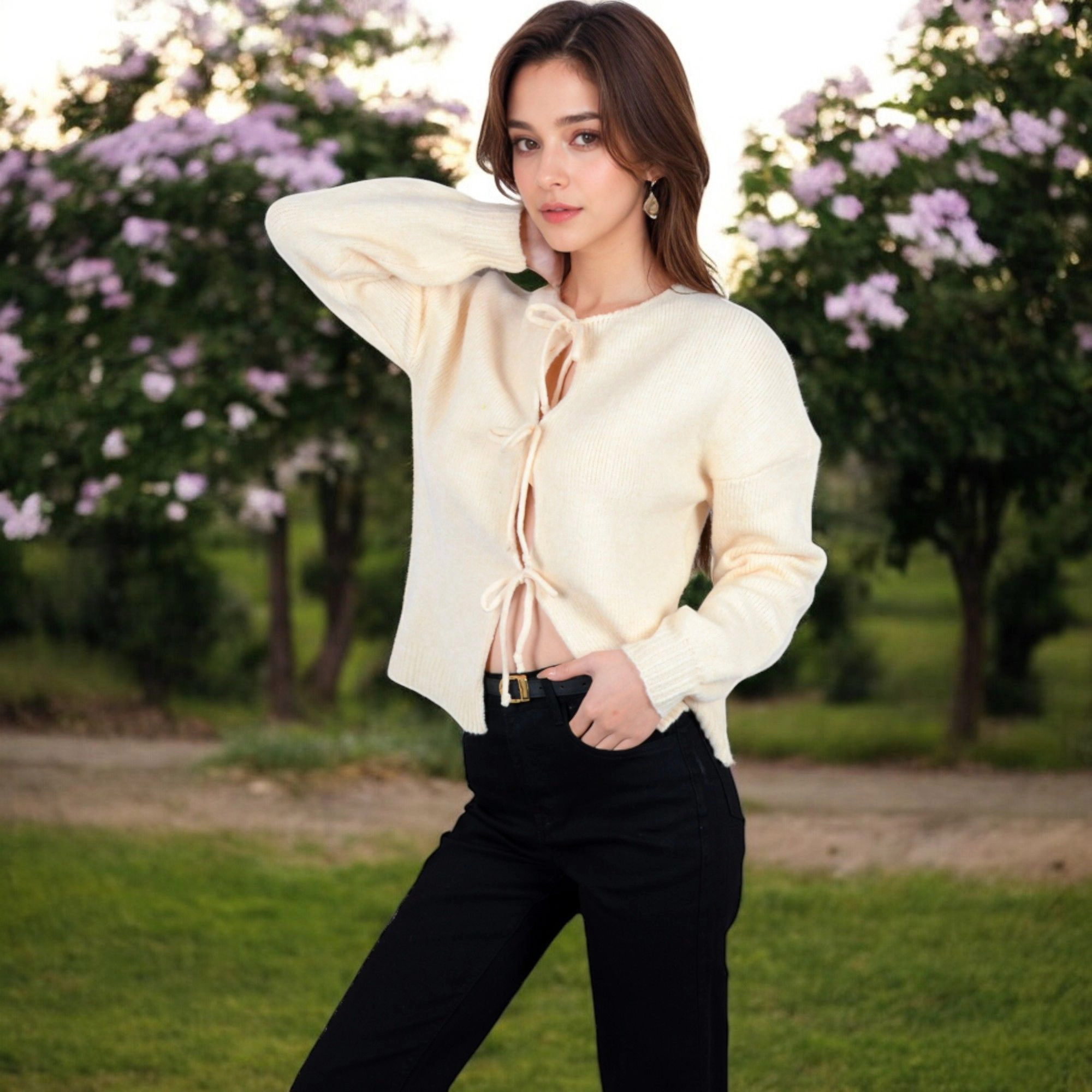 Anna-Kaci Women's Tie Front Knit Cardigan with Long Sleeves and Open