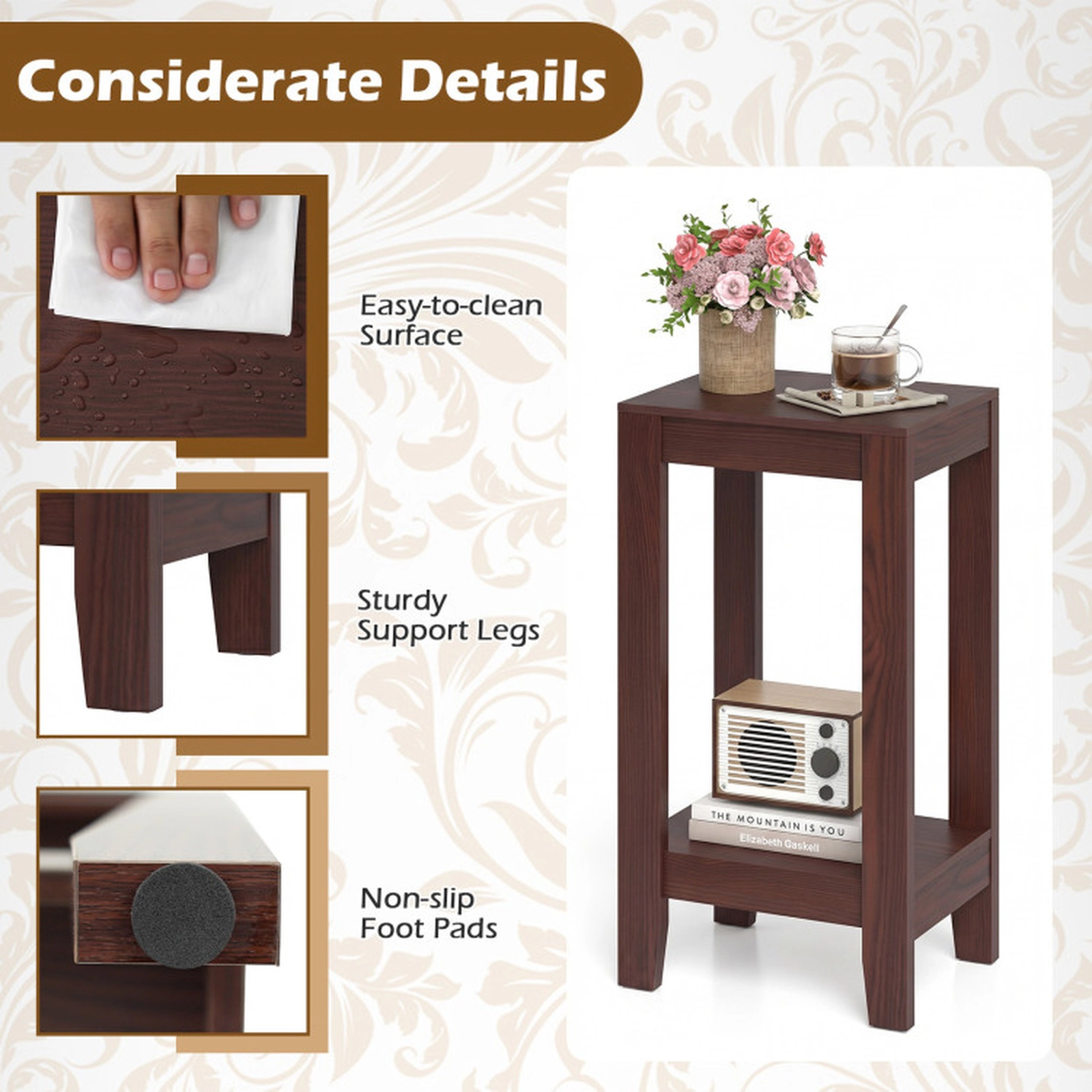 SUGIFT Set of 2 Narrow 2-Tier Open Shelf Solid Wood Legs MDF End Tables 16-in x 12-in x 29-in 11-lb Capacity Brown