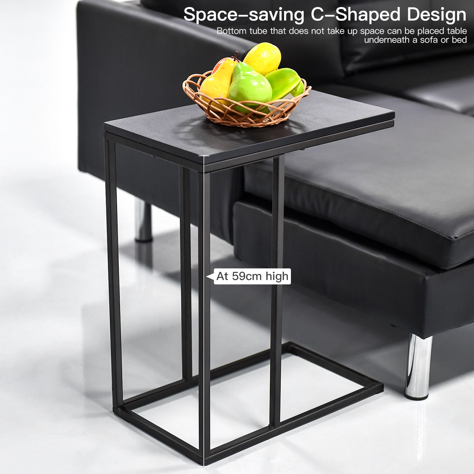 Glintex C-Shaped Sofa Side Table with Metal Legs and Slide-Under Base, Black