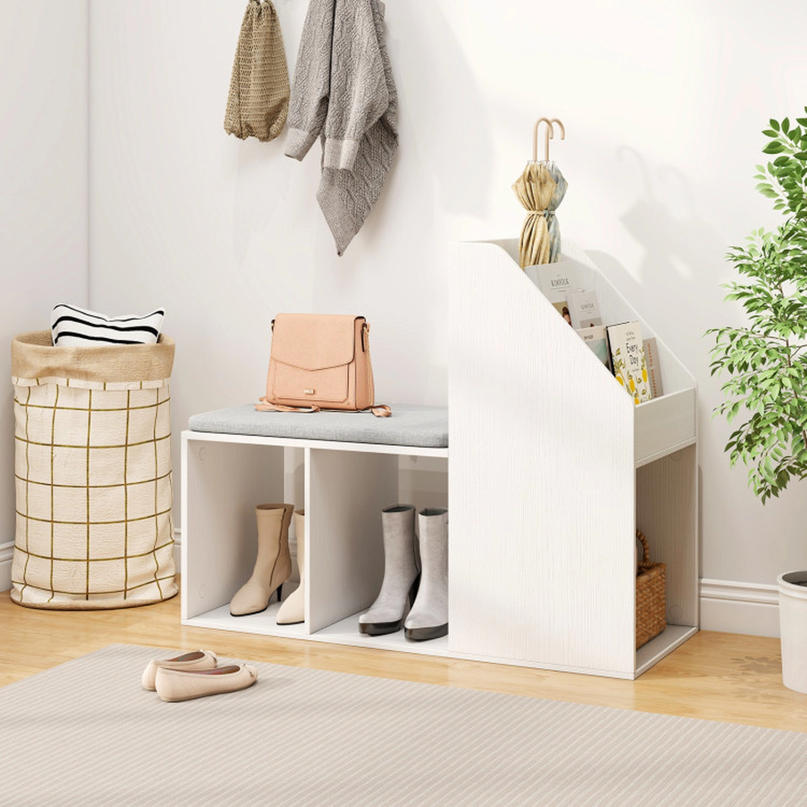 SUGIFT White Removable Washable Seat Cushion and 6 Compartments Shoe Storage Bench