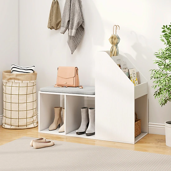 SUGIFT White Shoe Rack Storage Bench with Removable Washable Seat Cushion and 6 Compartments 38-in Seat