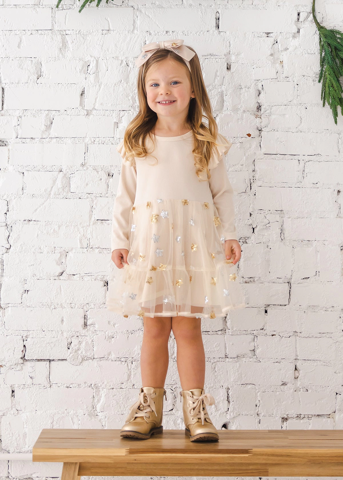 Isobella and Chloe Nutcracker Rib Knit Embroidered Tulle Dress, Creme
