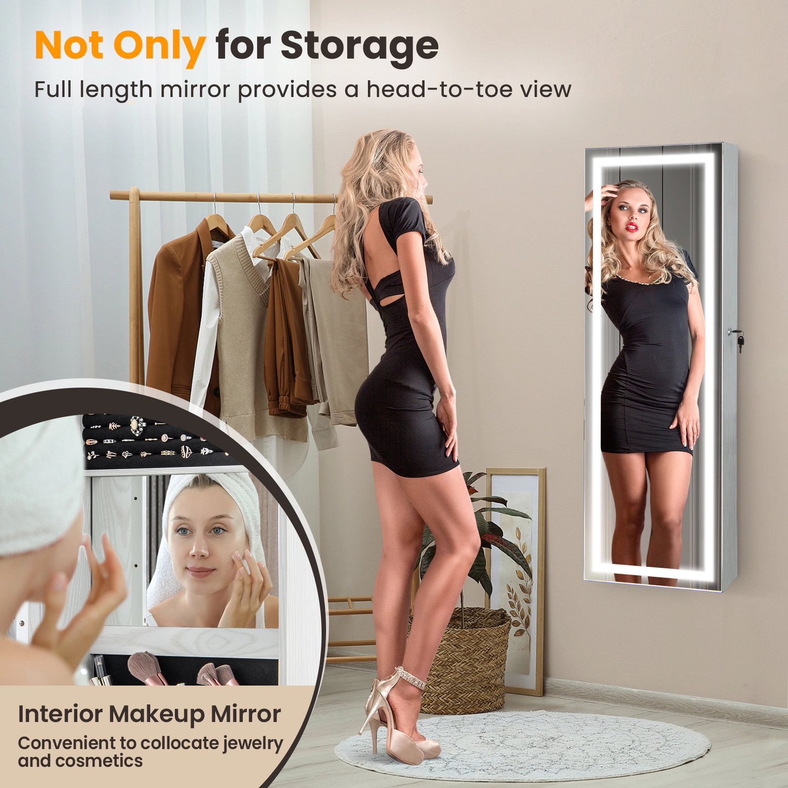 SUGIFT 47-in White Wall Mounted Jewelry Armoire Mirror Cabinet with 2 Internal LED Lights 15.5-in W