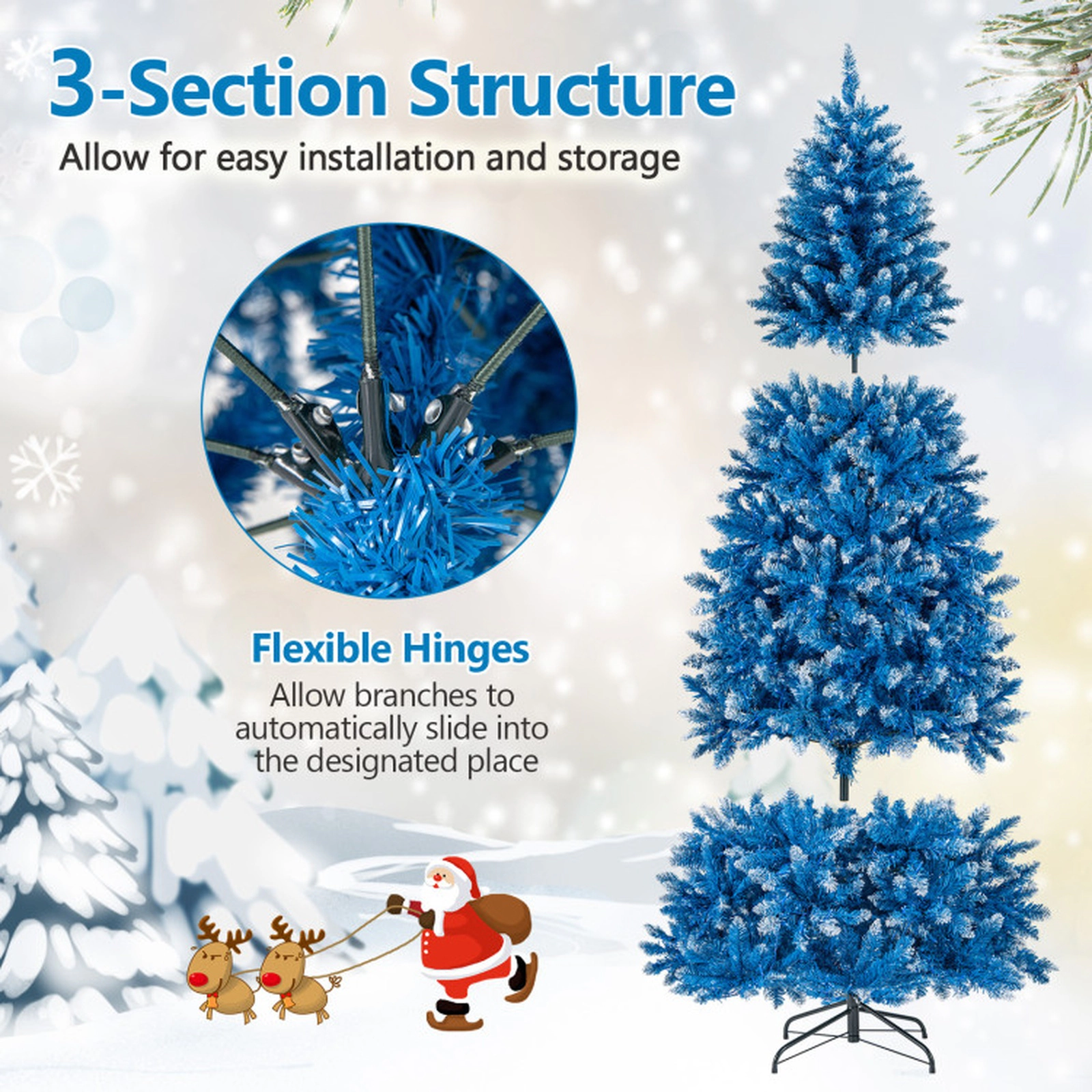 SUGIFT 7 ft Blue Artificial Christmas Tree Pre-Lit Snowy Branch Tips with Metal Stand