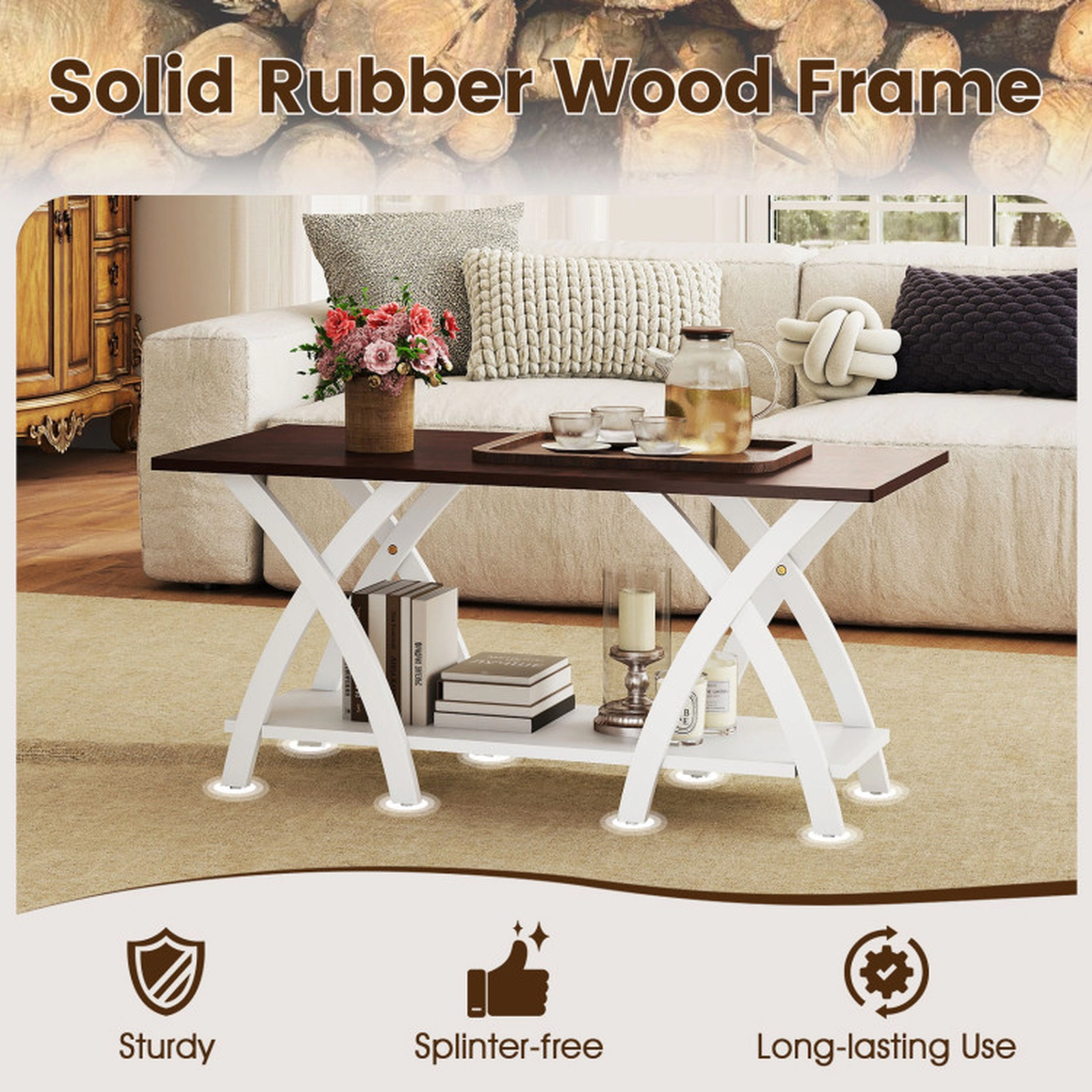 SUGIFT 40-in Farmhouse Wooden 2-Tier Coffee Table with Storage Shelf 155-lb Capacity Rubber Wood Walnut + White