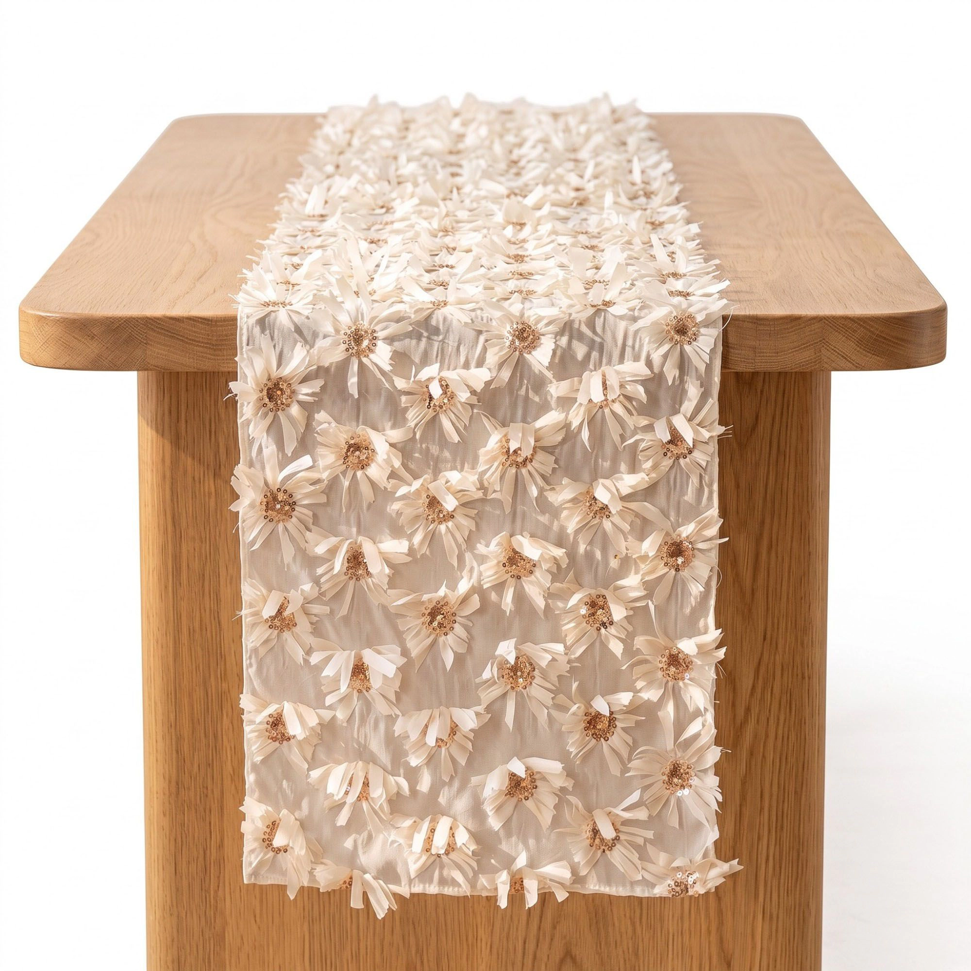 Alilang Unisex Beige 3D Floral Table Runner with Sequin Accents 13.8x47.2in