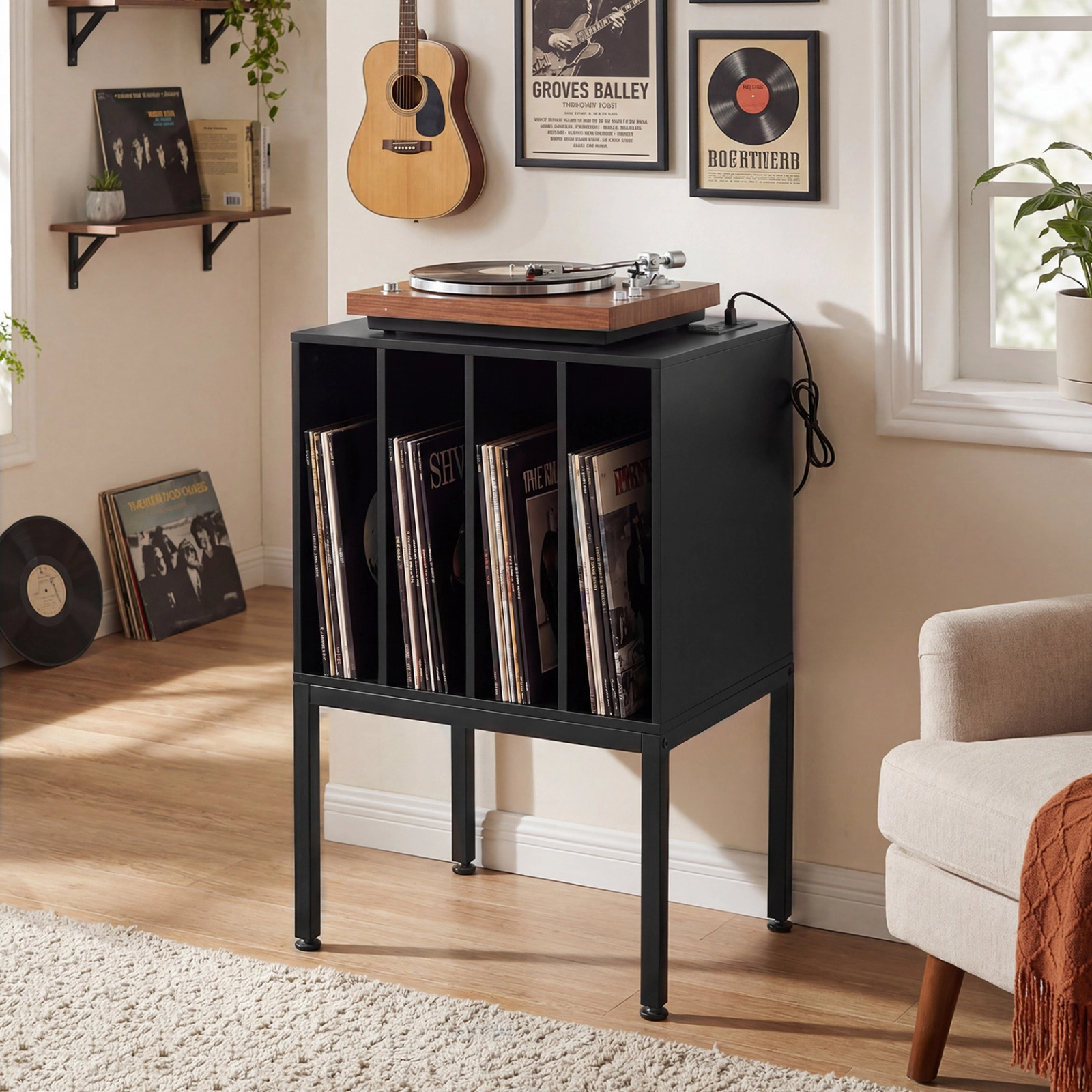 SUGIFT Turntable Record Player Stand Black with Power Outlets and 4-Partition Storage